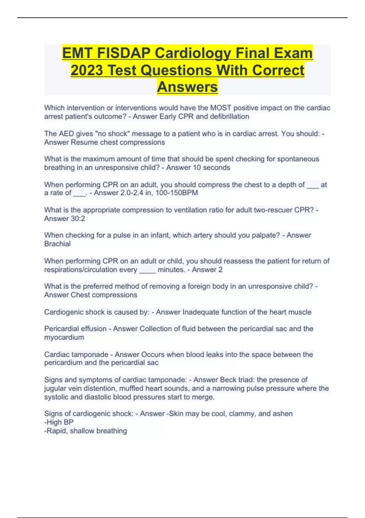 EMT FISDAP Cardiology Final Exam 2023 Test Questions With Correct ...