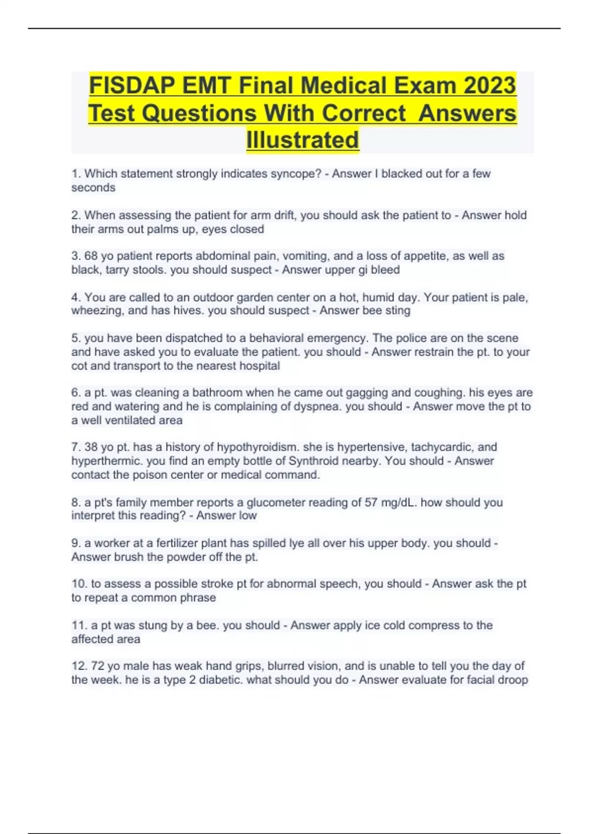 FISDAP EMT Final Medical Exam 2023 Test Questions With Correct Answers