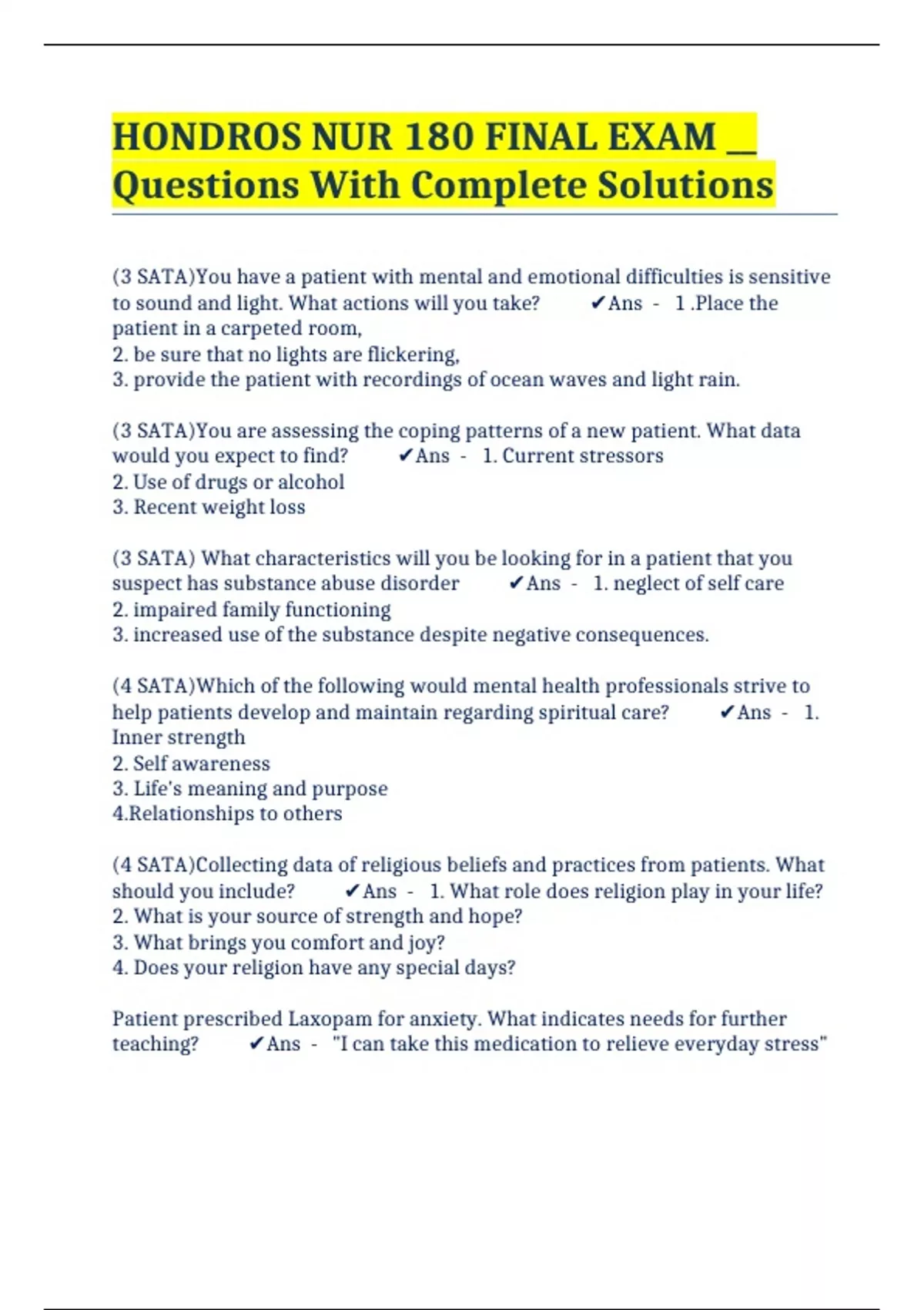 HONDROS NUR 180 FINAL EXAM __ Questions With Complete Solutions ...