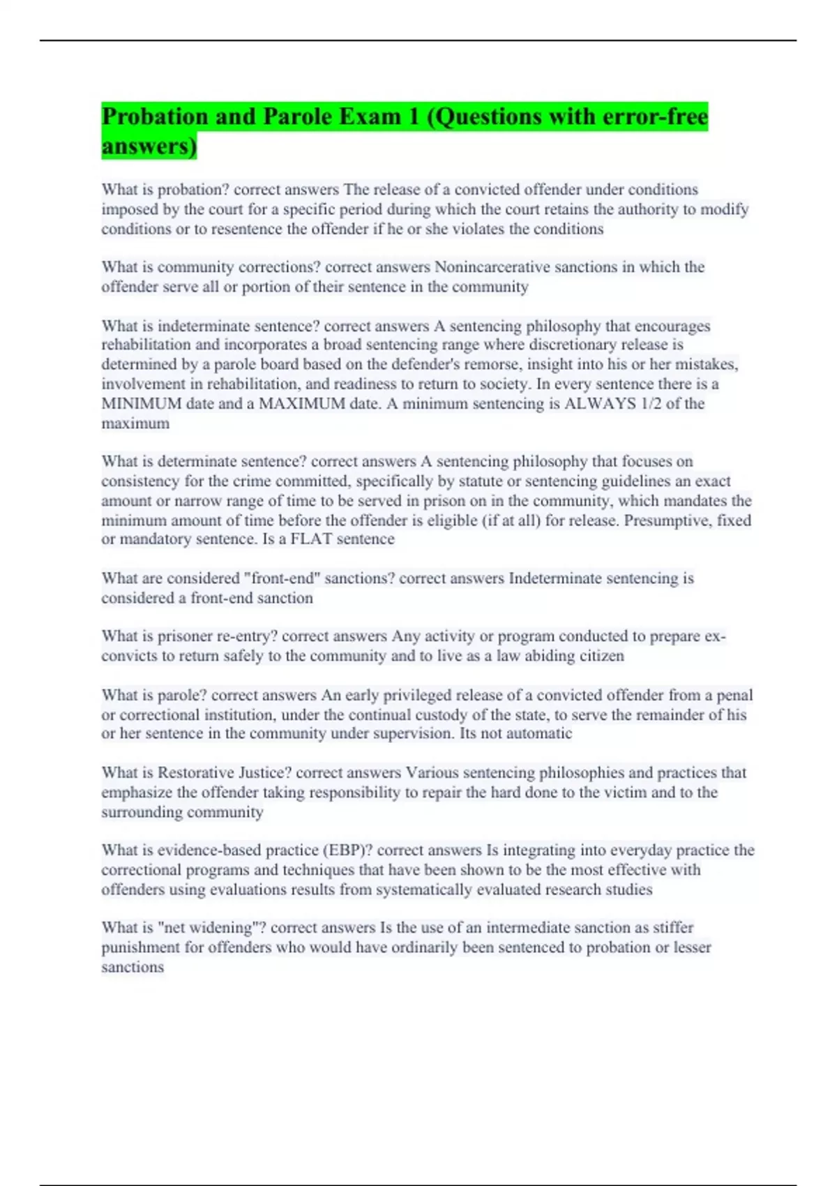 Probation and Parole Exam 1 (Questions with errorfree answers