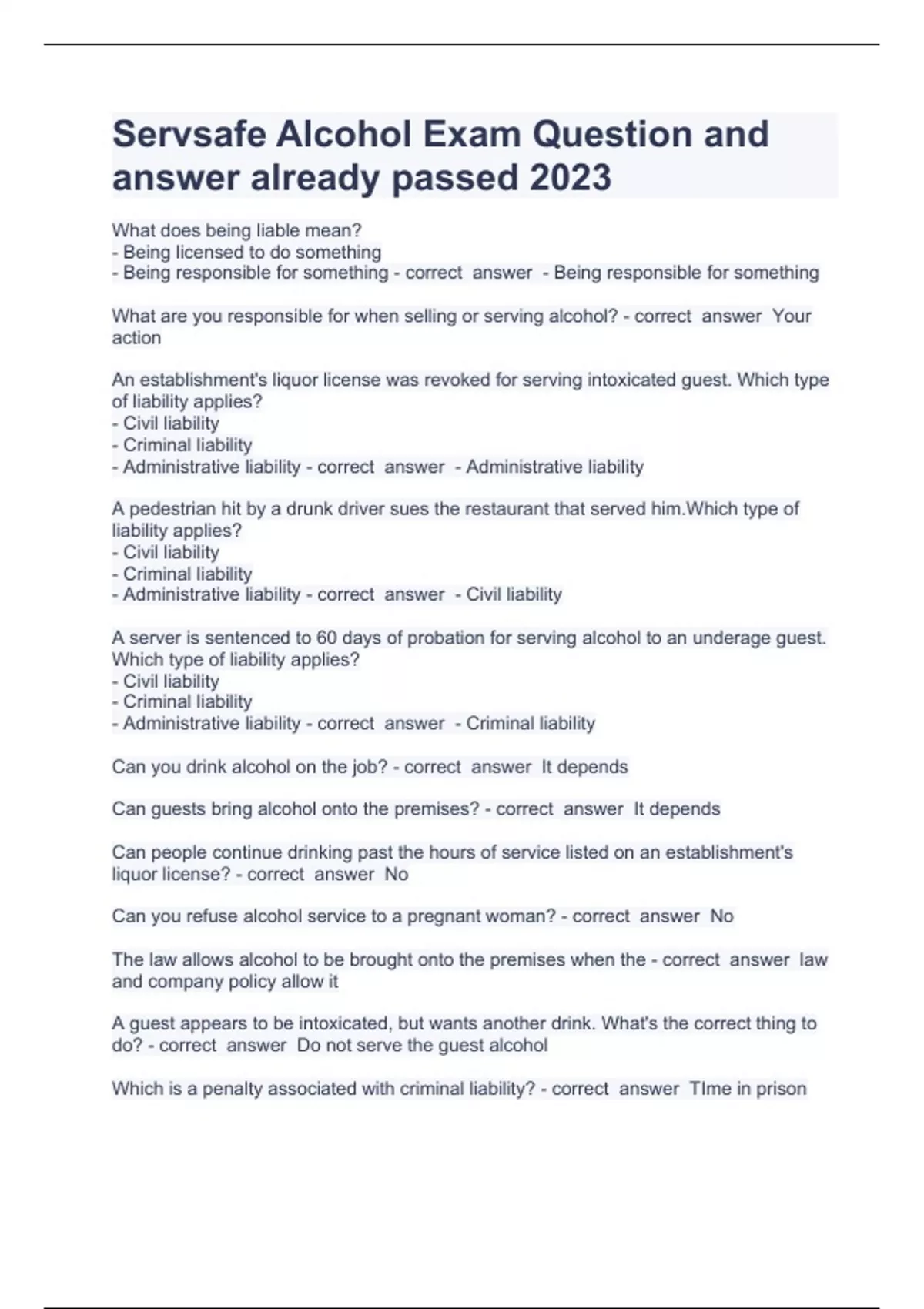 Servsafe Alcohol Exam Question and answer already passed 2023