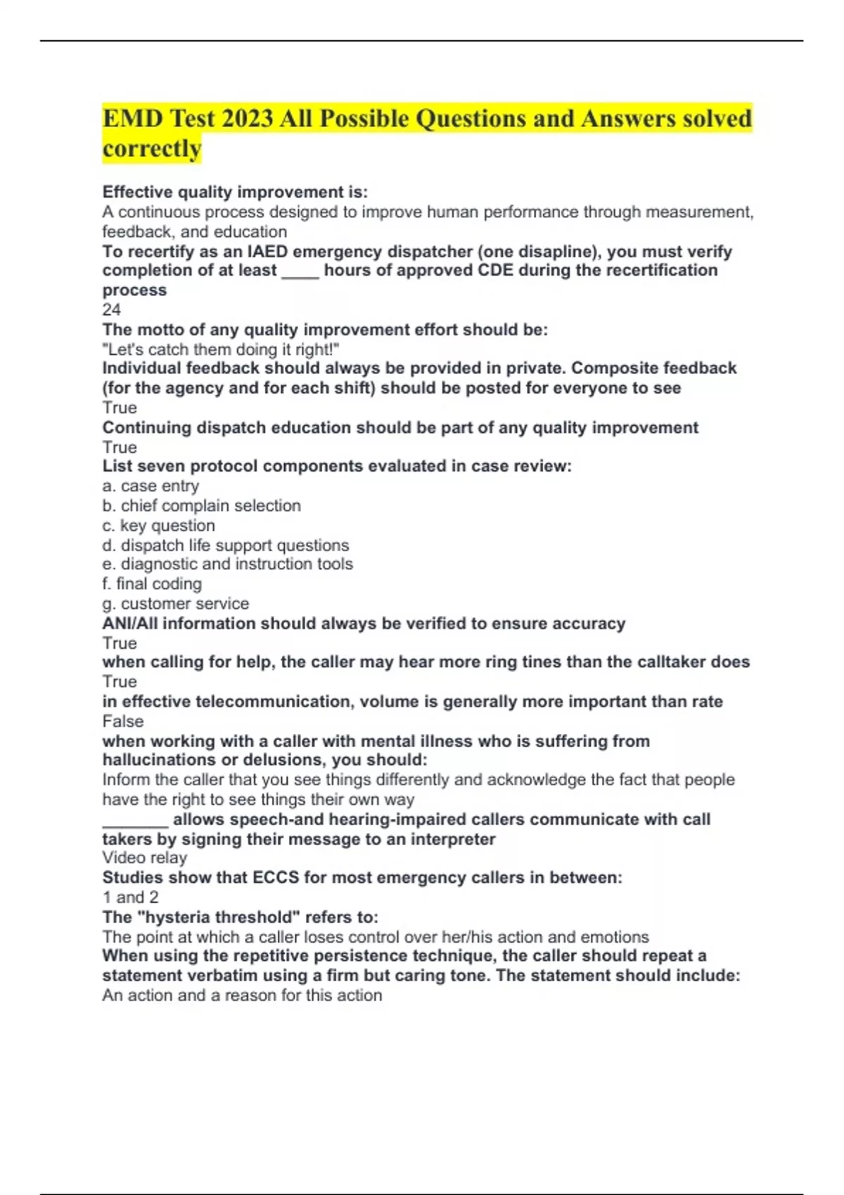 EMD Test 2023 All Possible Questions and Answers solved correctly EMD Emergency Medical