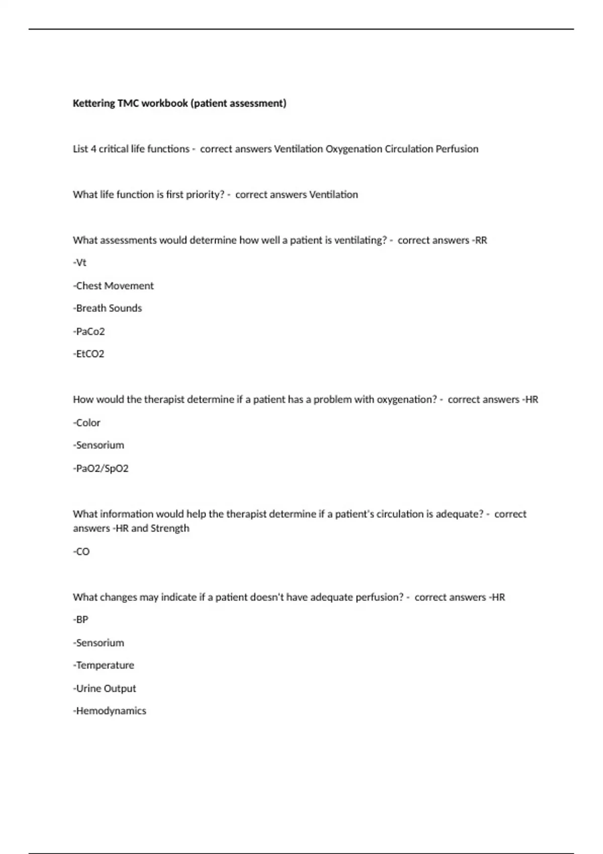 Kettering TMC workbook (patient assessment) 2023 questions and answers ...