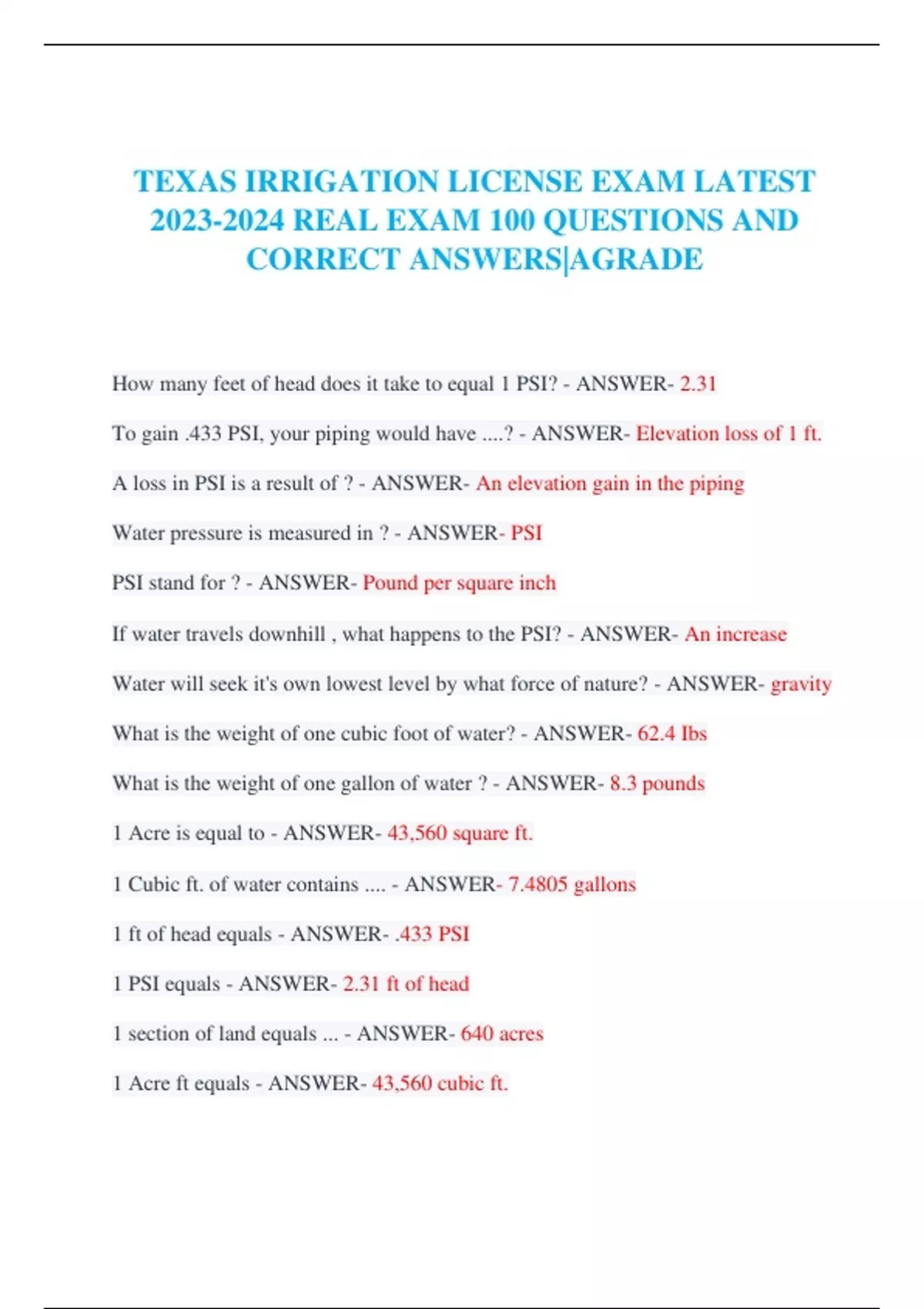 TEXAS IRRIGATION LICENSE EXAM LATEST REAL EXAM 100 QUESTIONS AND CORRECT ANSWERSAGRADE TEXAS
