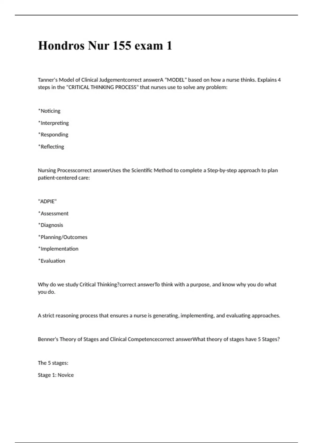 Hondros Nur 155 exam 1 questions 2023 with correct answers - Hondros ...
