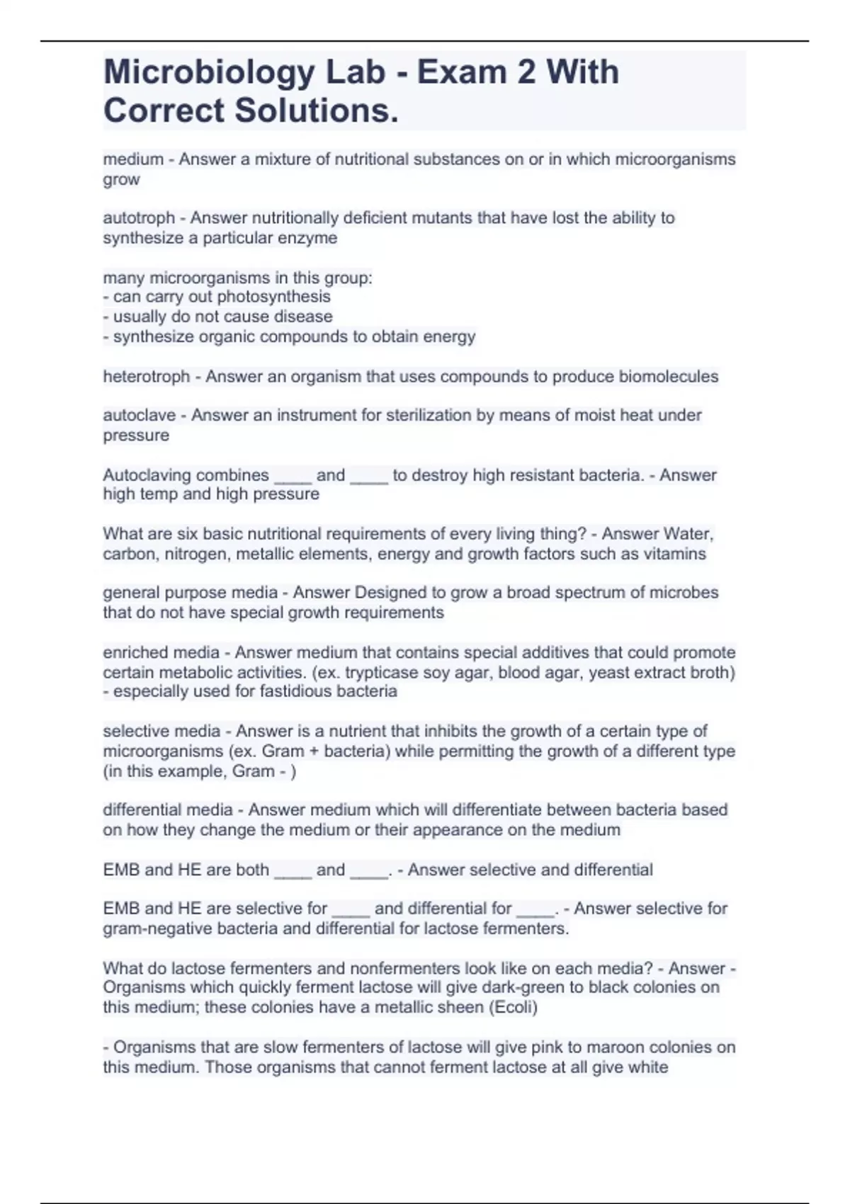 Microbiology Lab Exam 2 With Correct Solutions. Microbiology Lab
