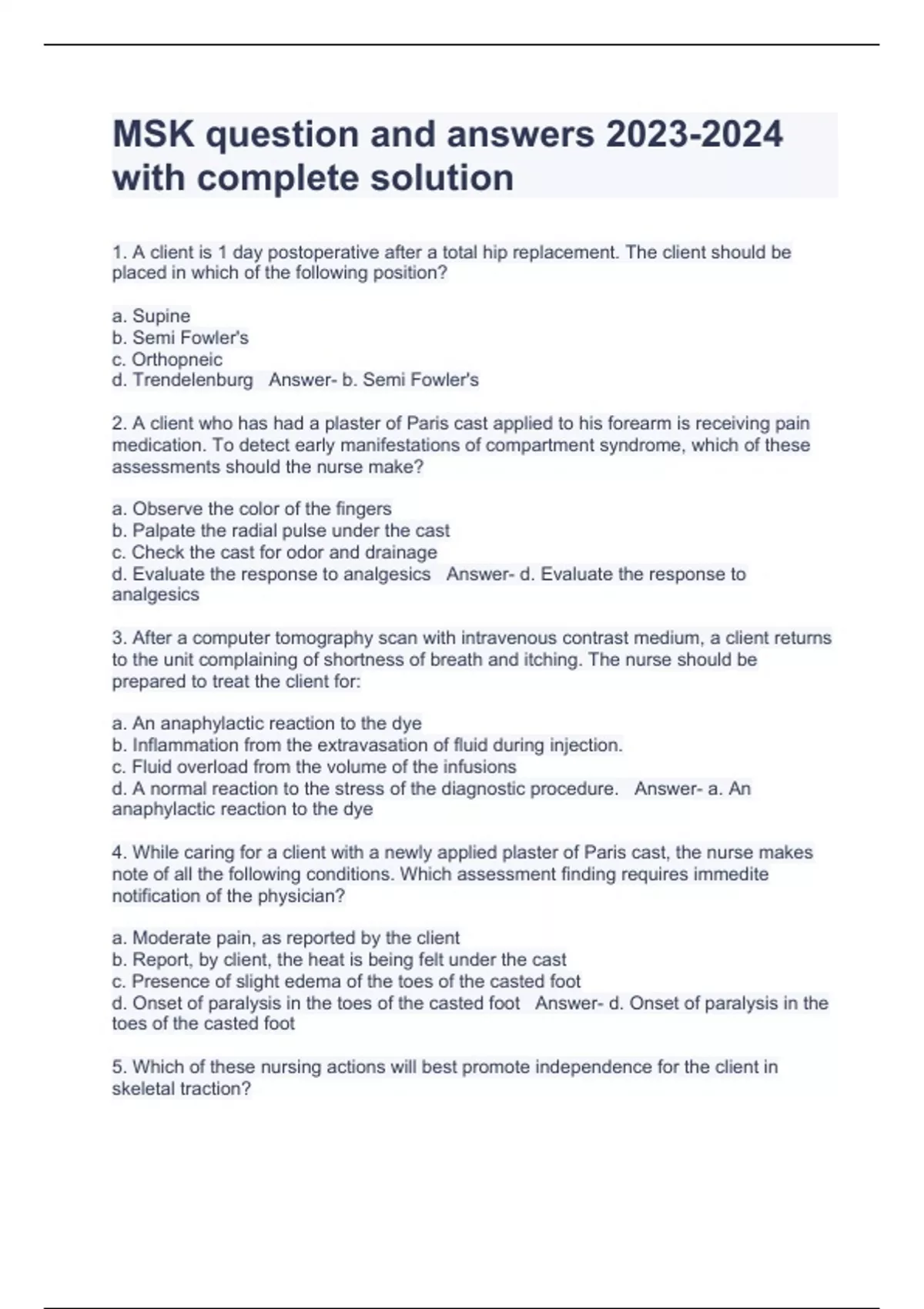 MSK question and answers with complete solution MSK Stuvia US