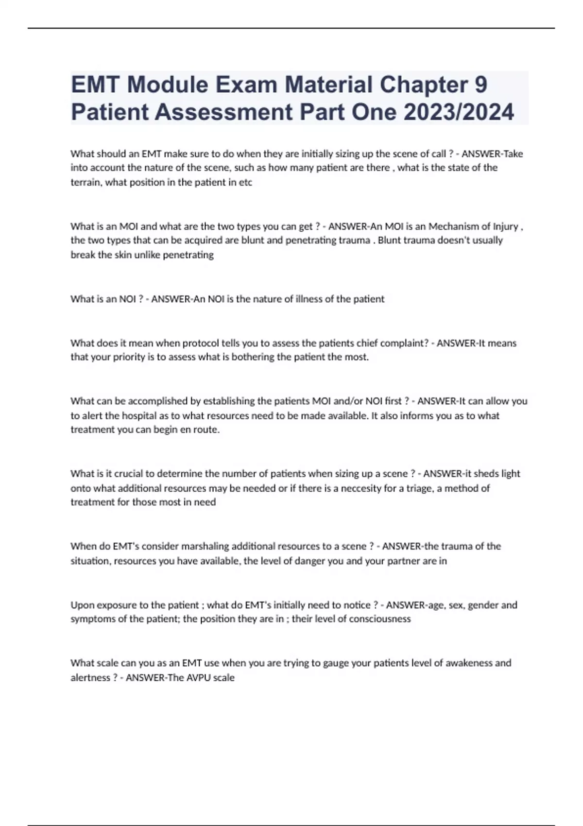 EMT Module Exam Material Chapter 9 Patient Assessment Part One 2023/