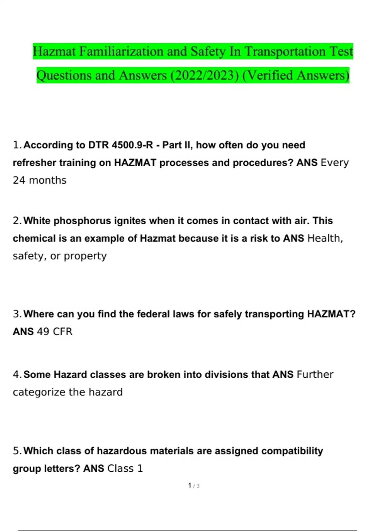 Hazmat Familiarization and Safety In Transportation Test Questions and Answers 2022/2023