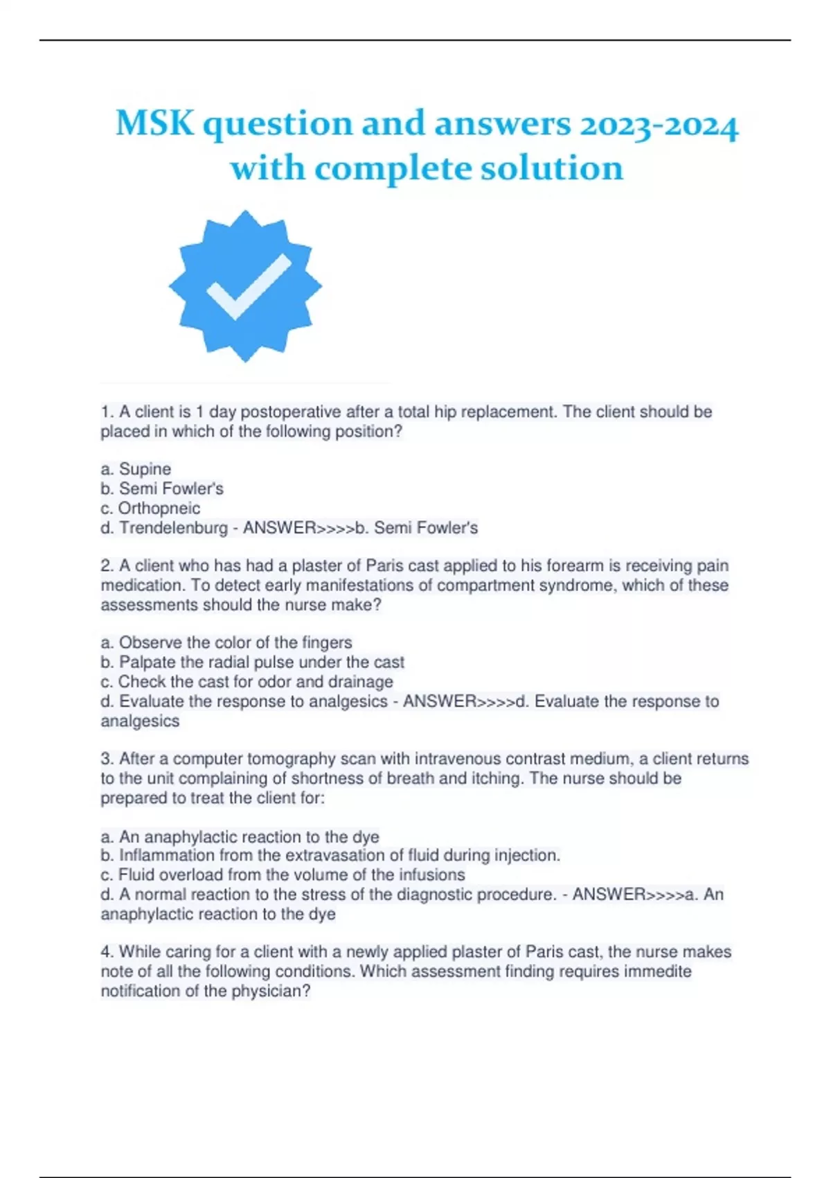 MSK question and answers with complete solution - MSK - Stuvia US