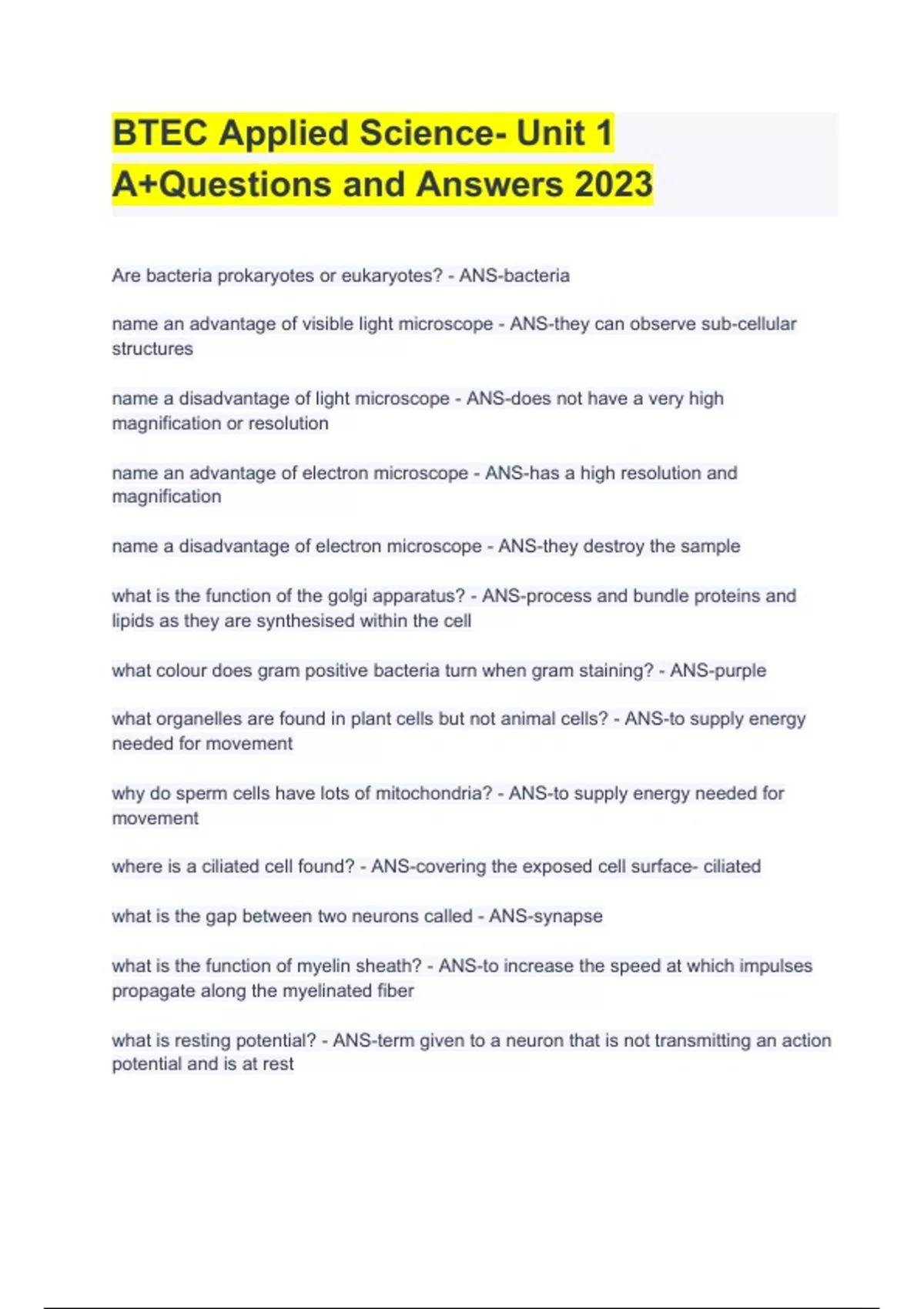 BTEC Applied Science Unit 1 A+Questions and Answers 2023 BTEC