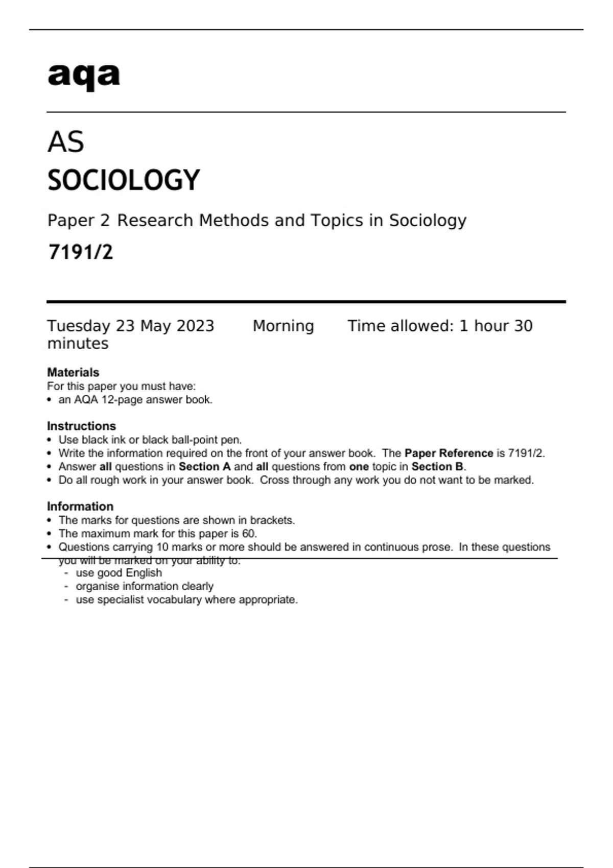 Aqa A-level Sociology Paper 2 Exam Date 2025 Aqa A Level Sociology Revision Planner 2024