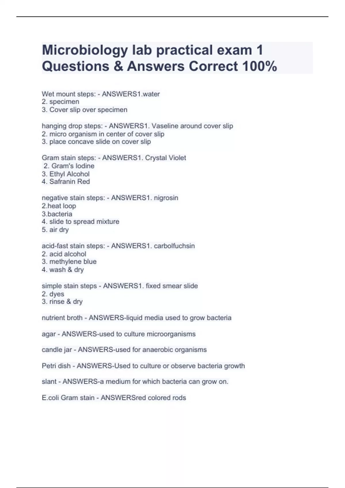 Microbiology lab practical exam 1 Questions & Answers Correct 100