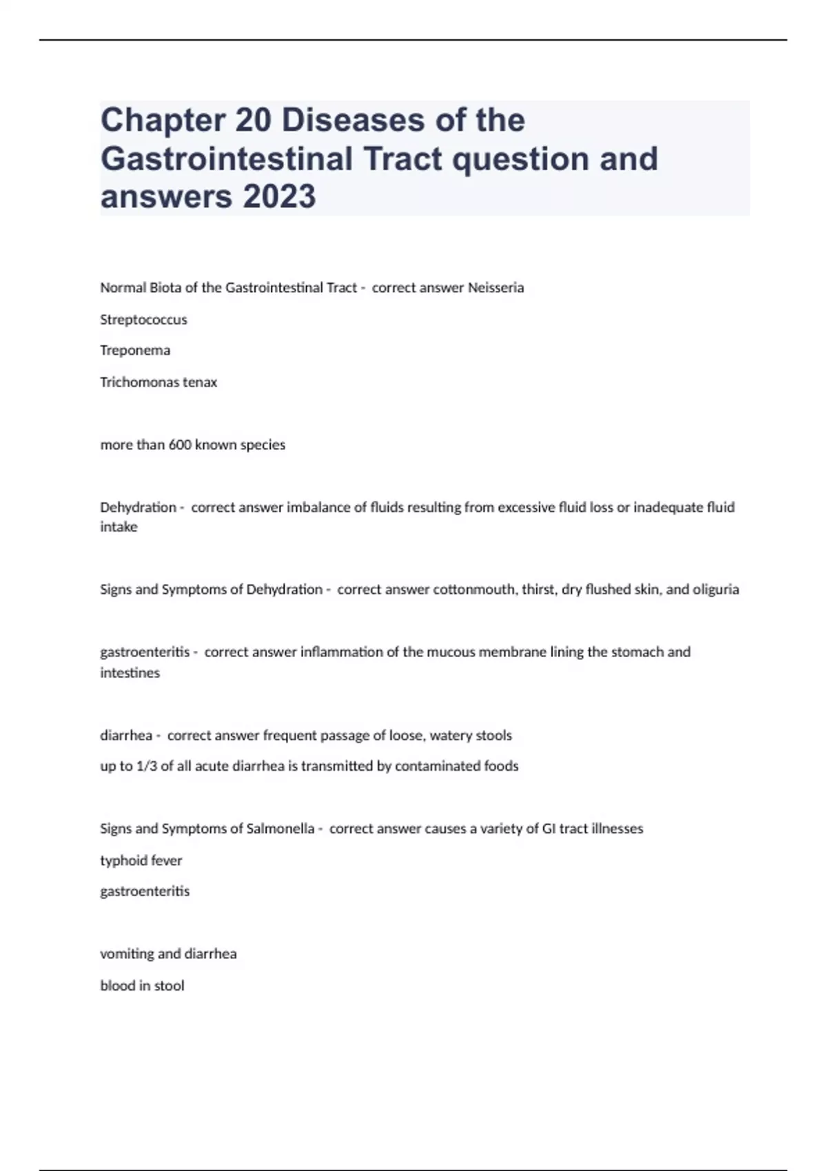 Chapter 20 Diseases of the Gastrointestinal Tract question and answers