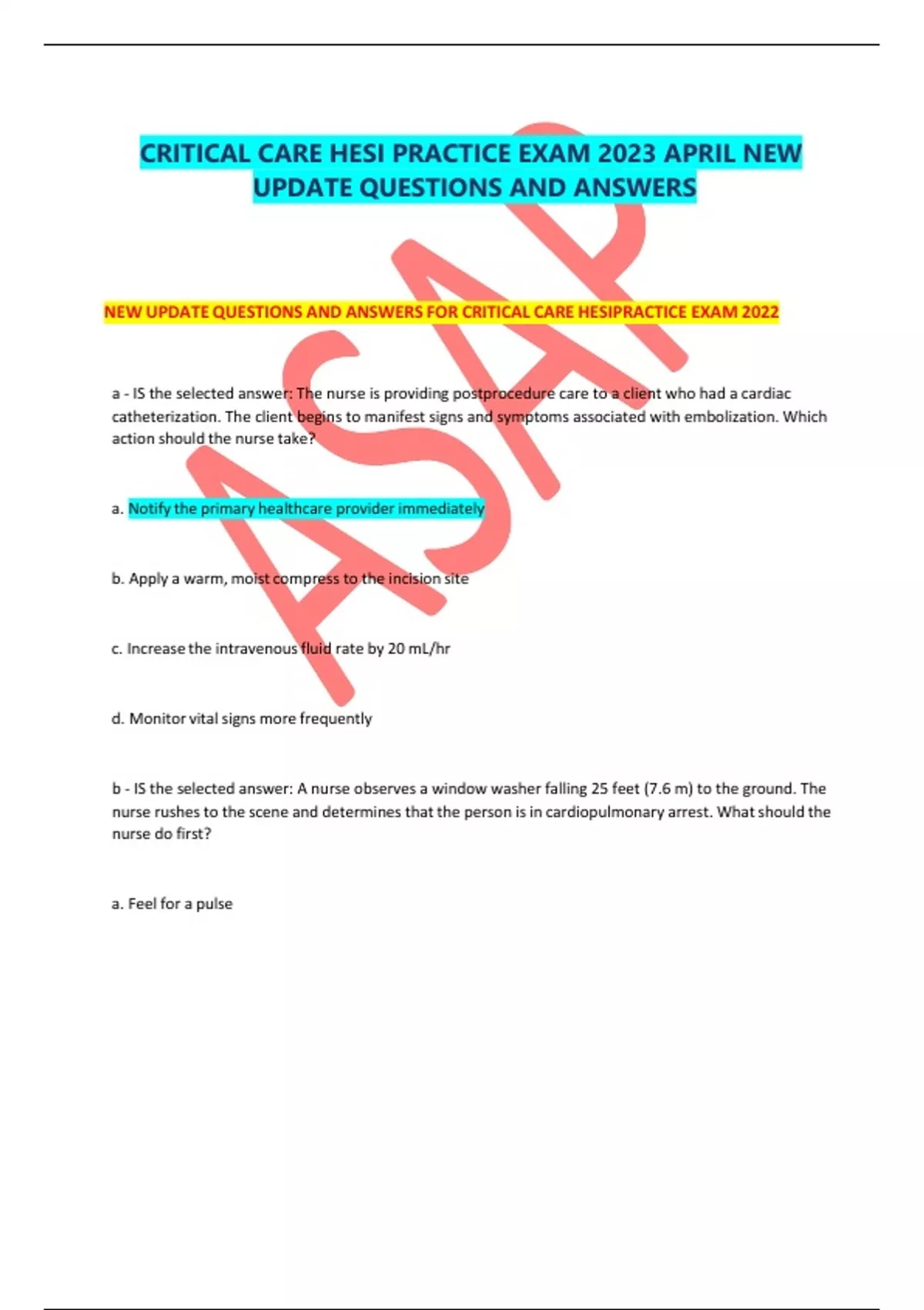 Critical care hesi practice exam 2023 april new update questions and