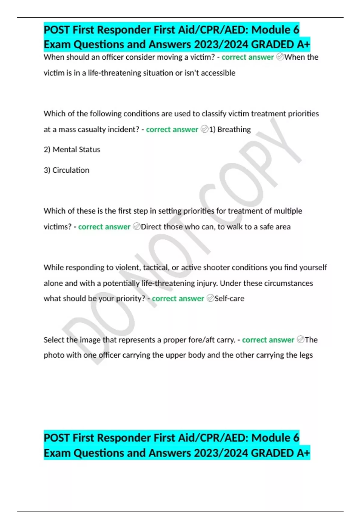 POST First Responder First Aid/CPR/AED Module 6 Exam Questions and Answers 2023/2024 GRADED A+