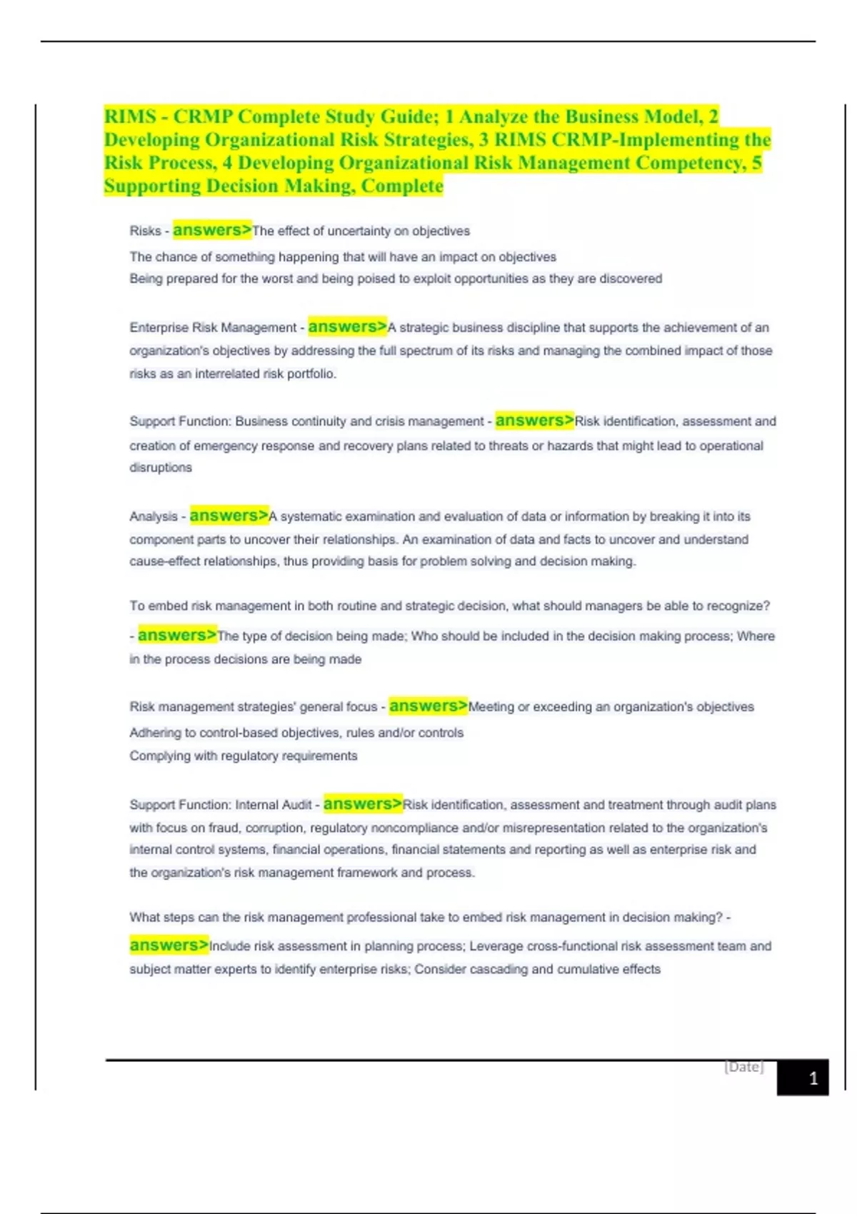 Rims Risk Management Process RIMS - CRMP Complete Study Guide; 1 Analyze the Business Model, 2 ...