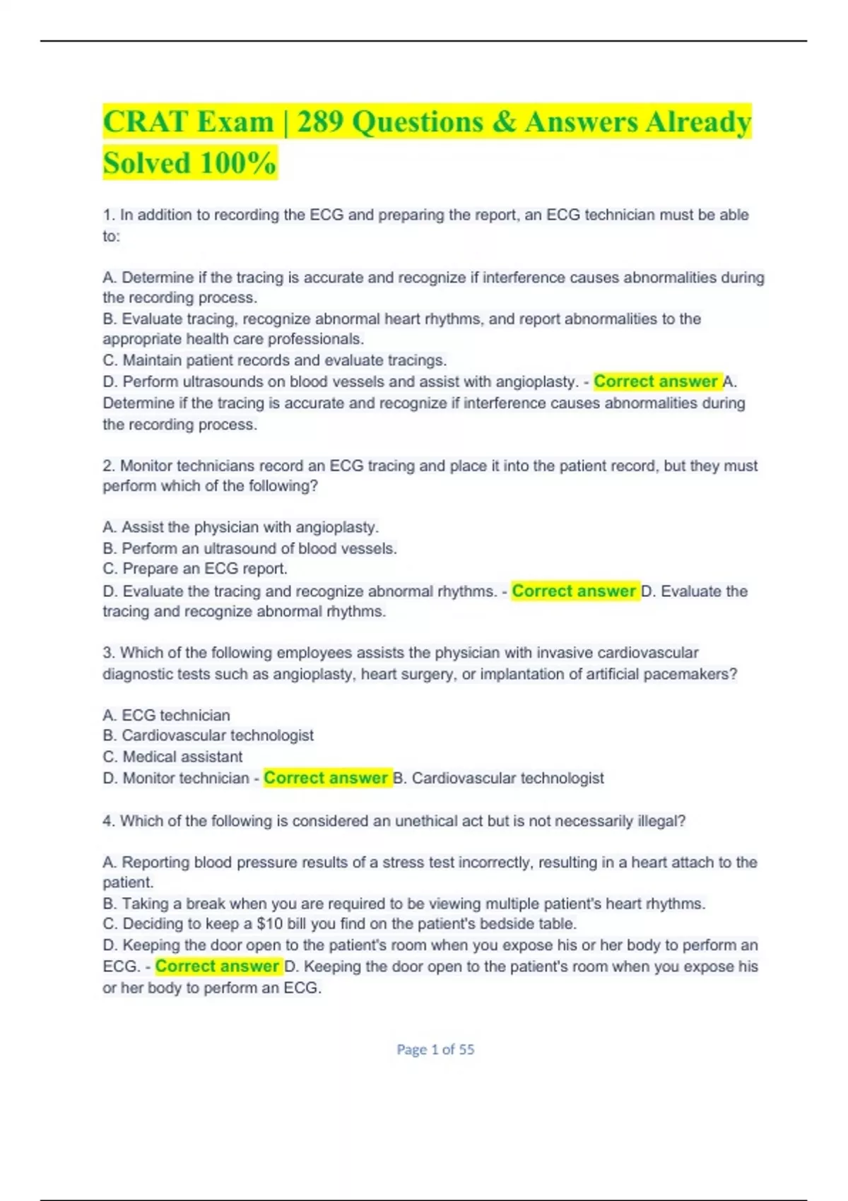 EKG Technician Practice Test Questions with Correct Answers Bundled ...