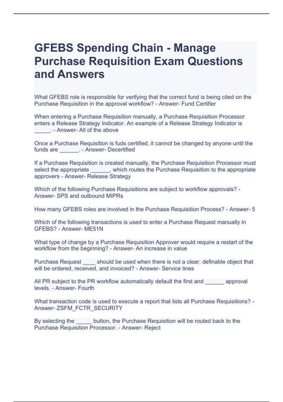 GFEBS Spending Chain Manage Purchase Requisition Exam Questions and