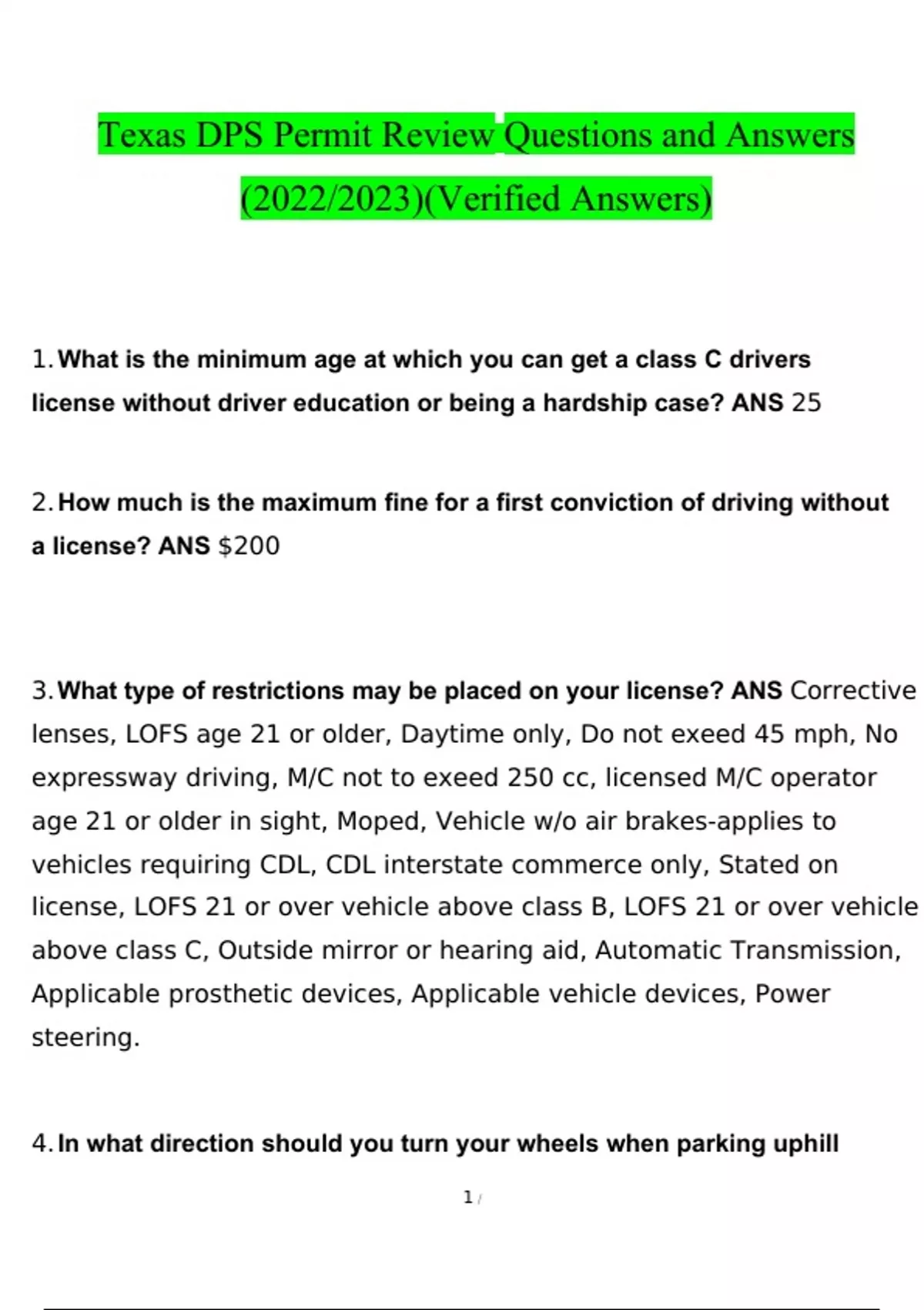 Texas DPS Permit Review Questions and Answers 2022/2023 Verified
