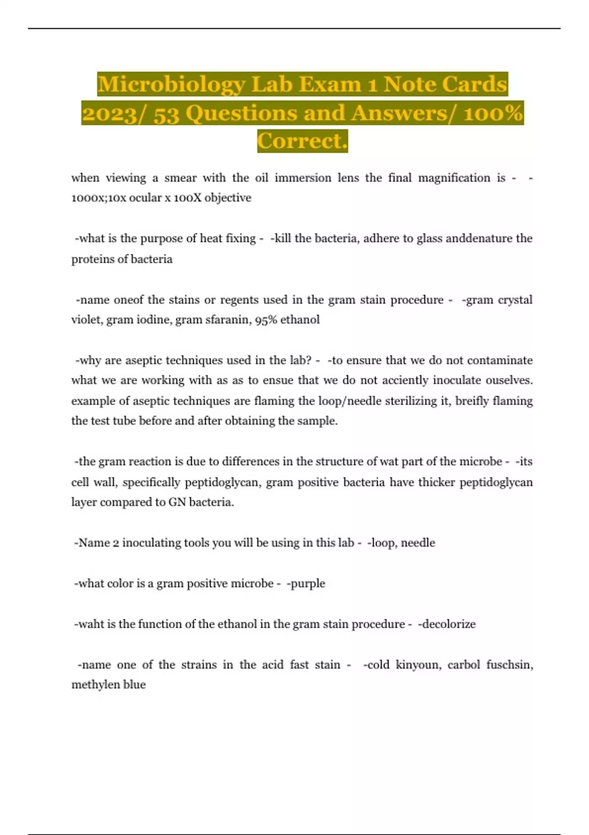 Microbiology Lab Exam 1 Note Cards 2023/ 53 Questions and Answers/ 100