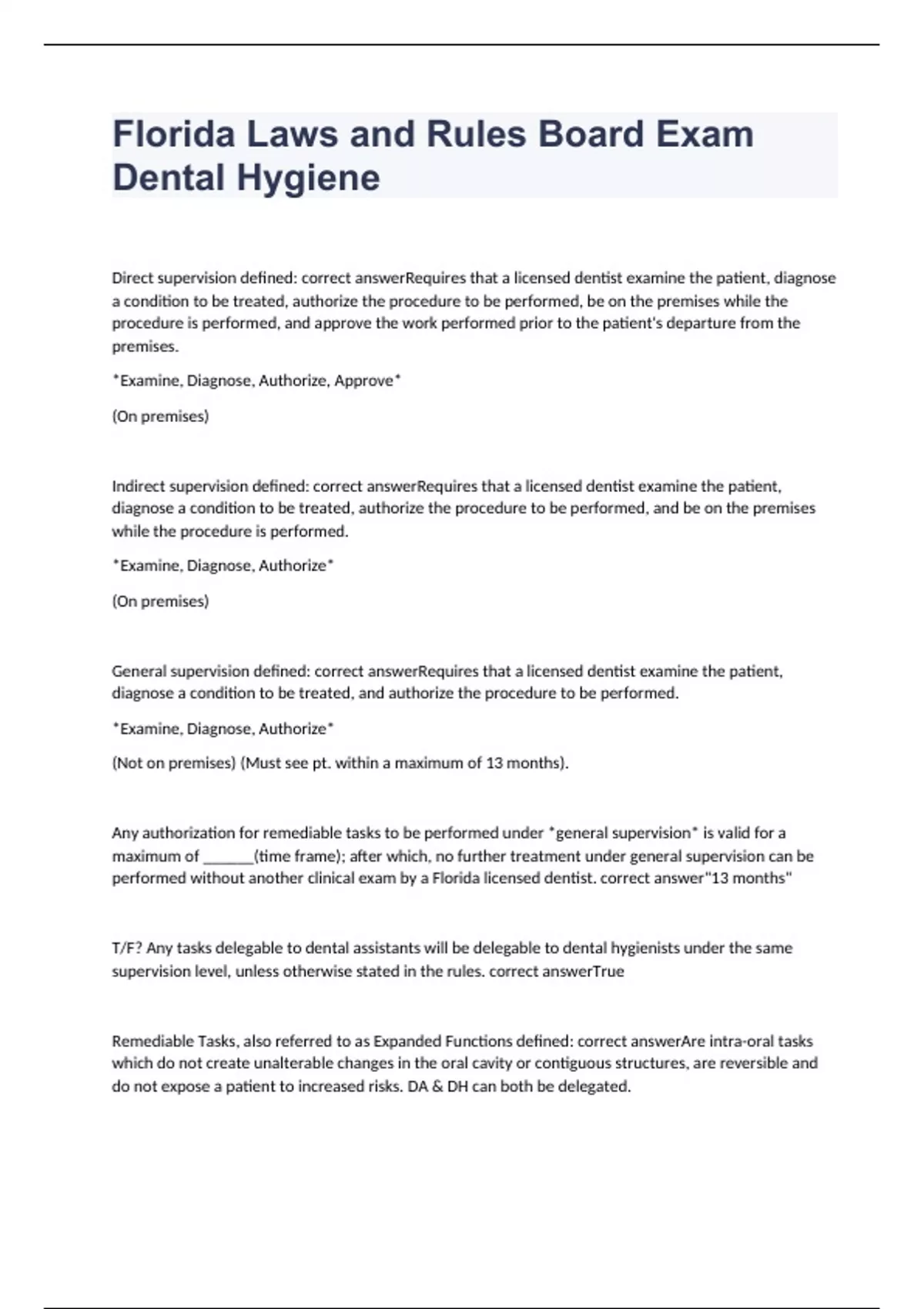 Florida Laws and Rules Board Exam Dental Hygiene 2023 with 100 correct