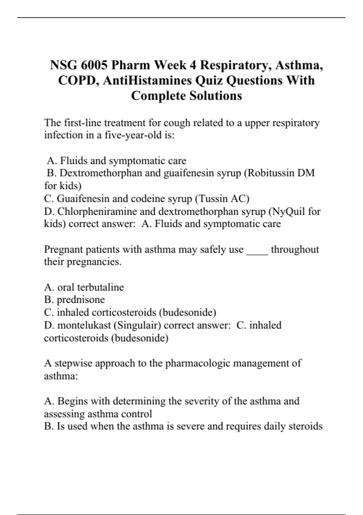 NSG 6005 Pharm Week 4 Respiratory, Asthma, COPD, AntiHistamines Quiz ...