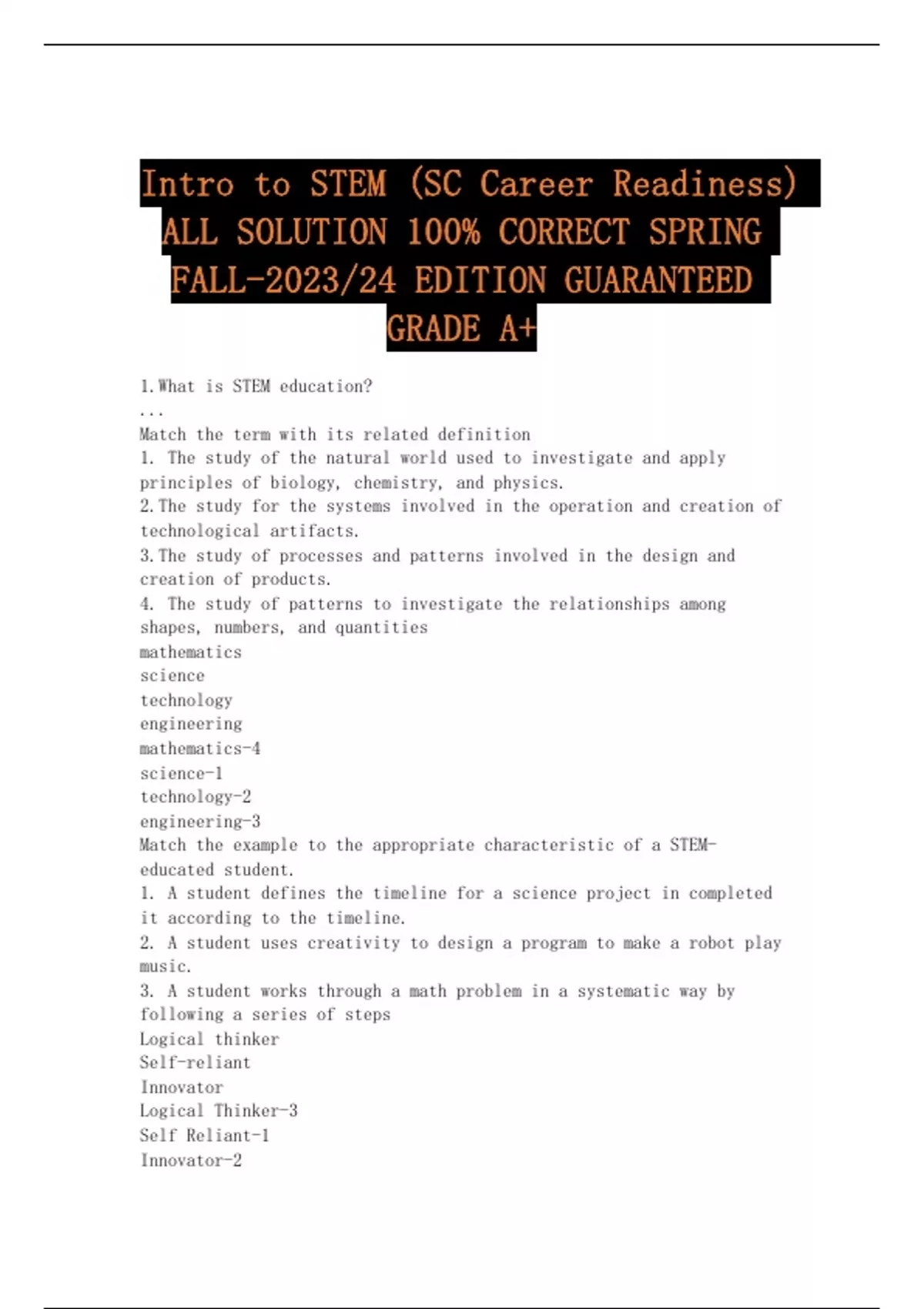 Intro to STEM (SC Career Readiness) ALL SOLUTION 100 CORRECT SPRING