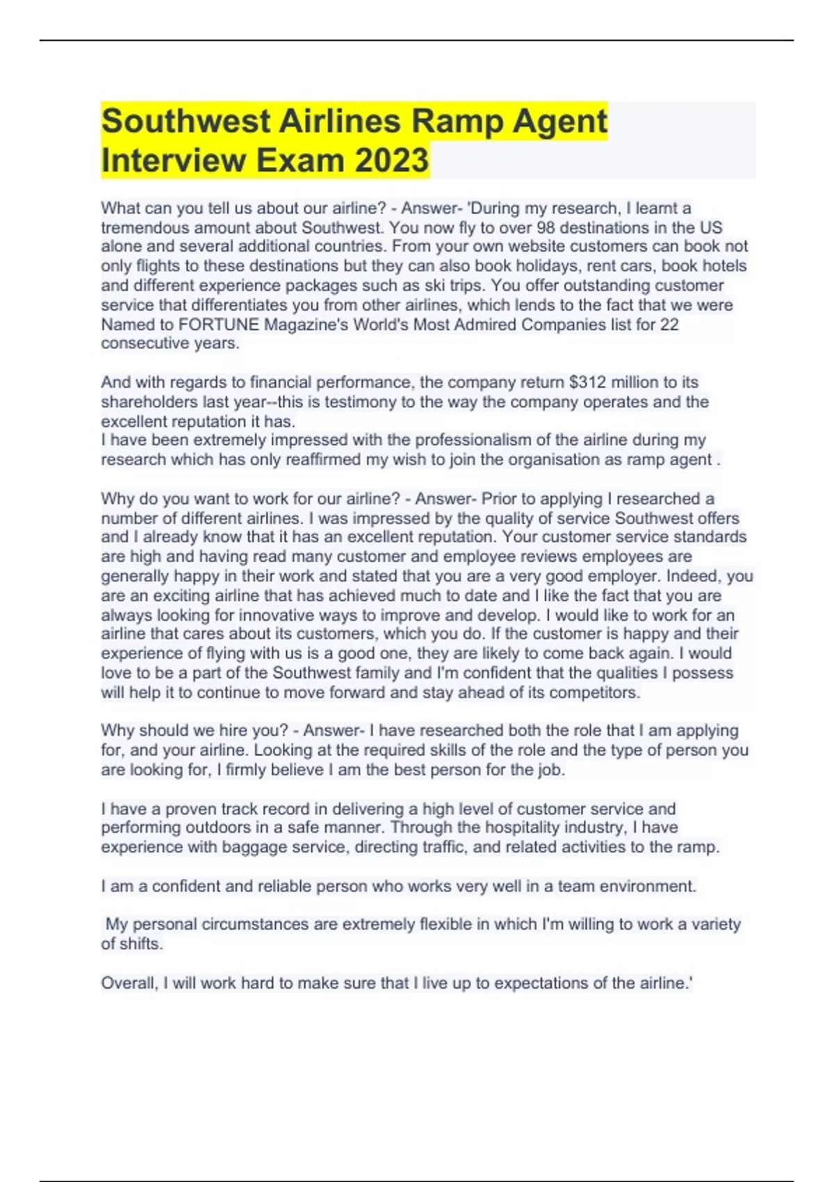 Southwest Airlines Ramp Agent Interview Exam 2023 Ramp Stuvia US Southwest Airlines Ramp Agent Interview Exam 2023 Ramp Stuvia US