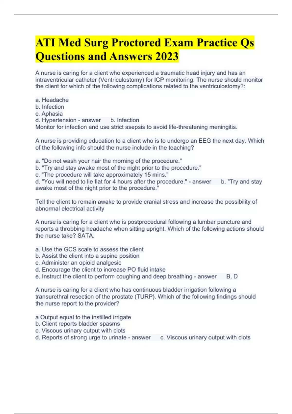 ATI Med Surg Proctored Exam Practice Qs Questions and Answers 2023 ...