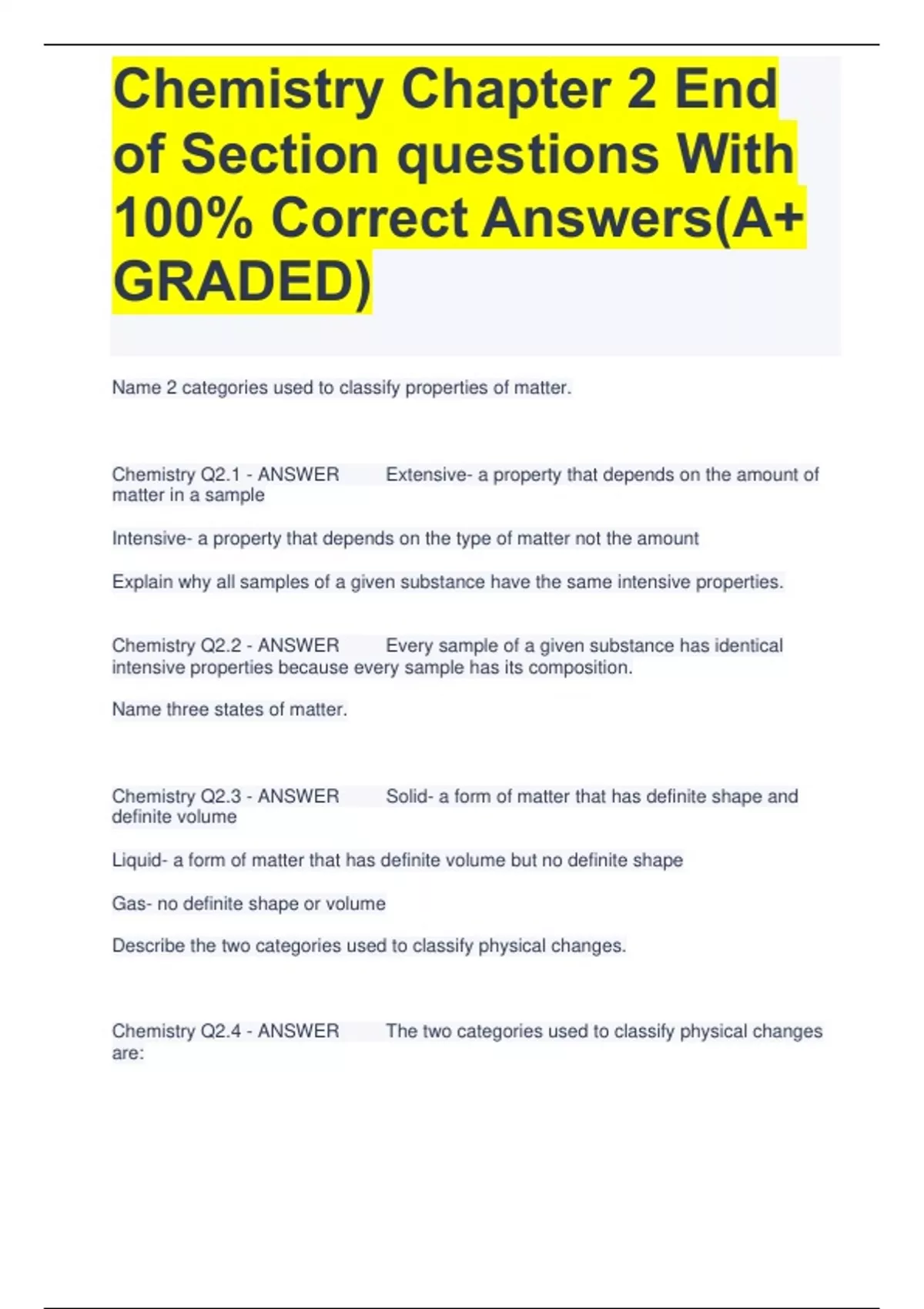 Chemistry Chapter 2 End of Section questions With 100% Correct Answers ...