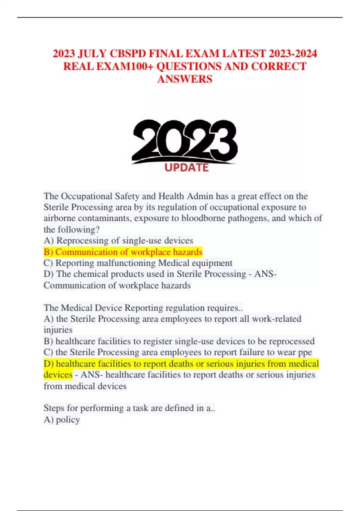 2023 JULY CBSPD FINAL EXAM LATEST REAL EXAM 100+ QUESTIONS AND CORRECT