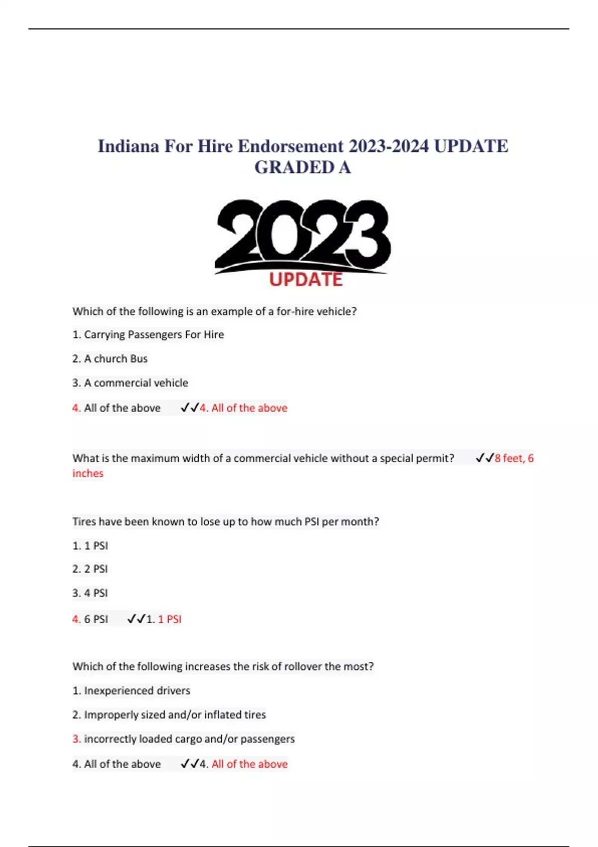 Indiana For Hire Endorsement UPDATE GRADED A Which of the following is