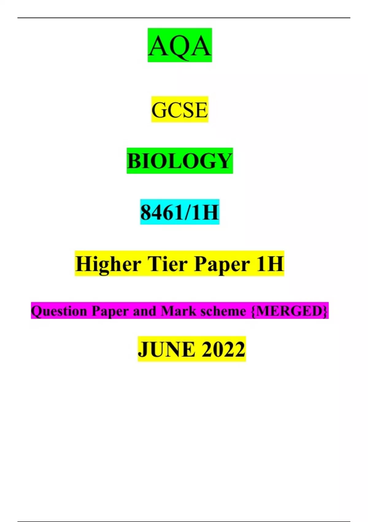 AQA GCSE BIOLOGY 8461/1H Higher Tier Paper 1H Question Paper and Mark ...