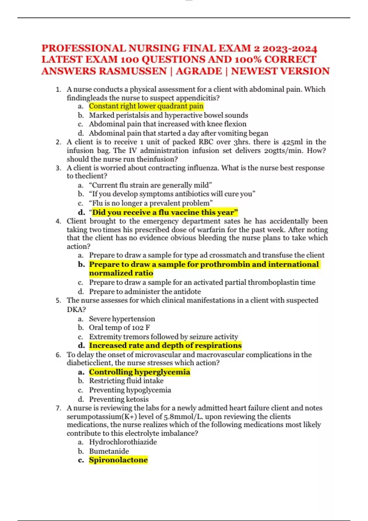 PROFESSIONAL NURSING FINAL EXAM LATEST EXAM 100 QUESTIONS AND 100