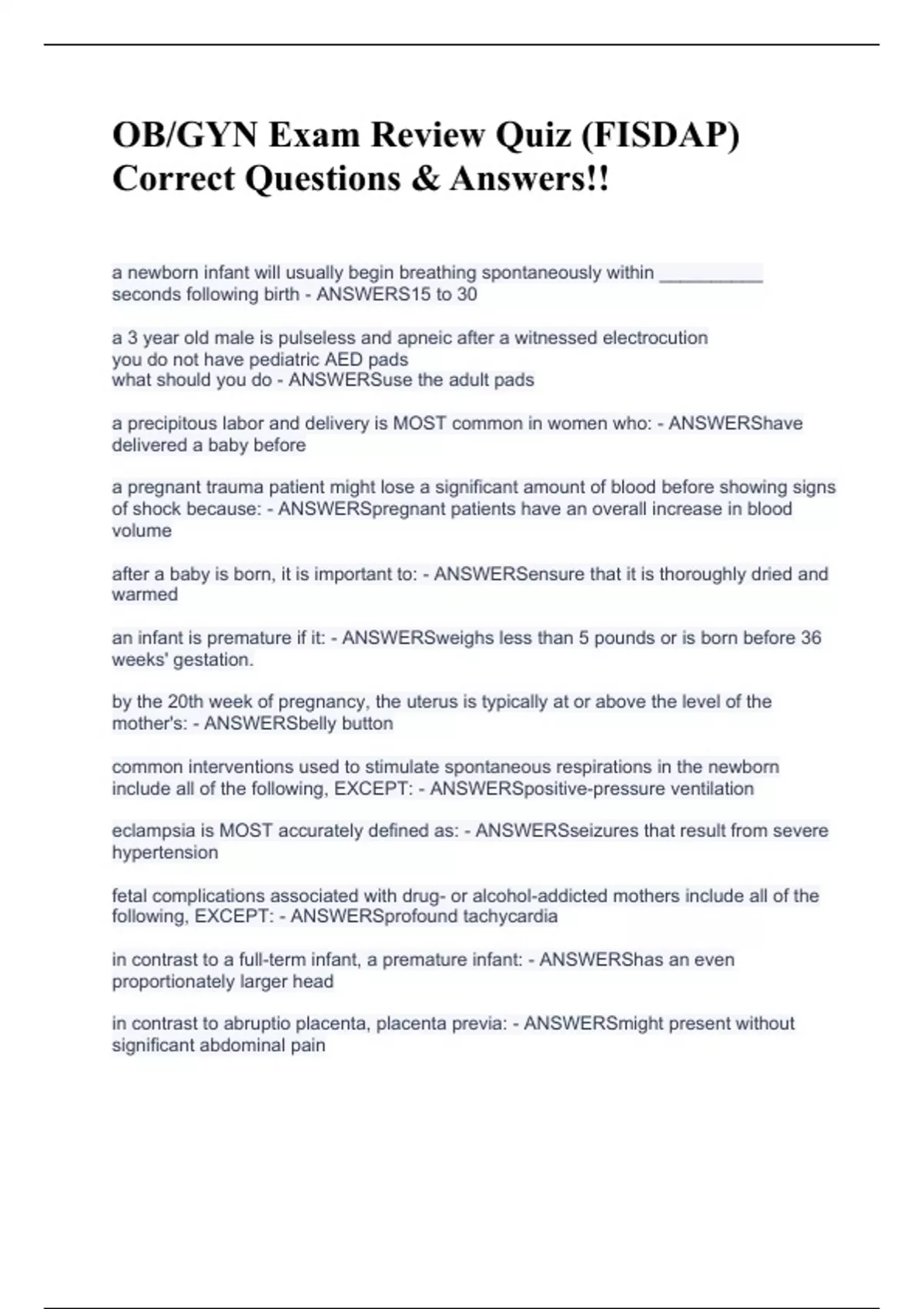 OB/GYN Exam Review Quiz (FISDAP) Correct Questions & Answers!! - OB/GYN ...