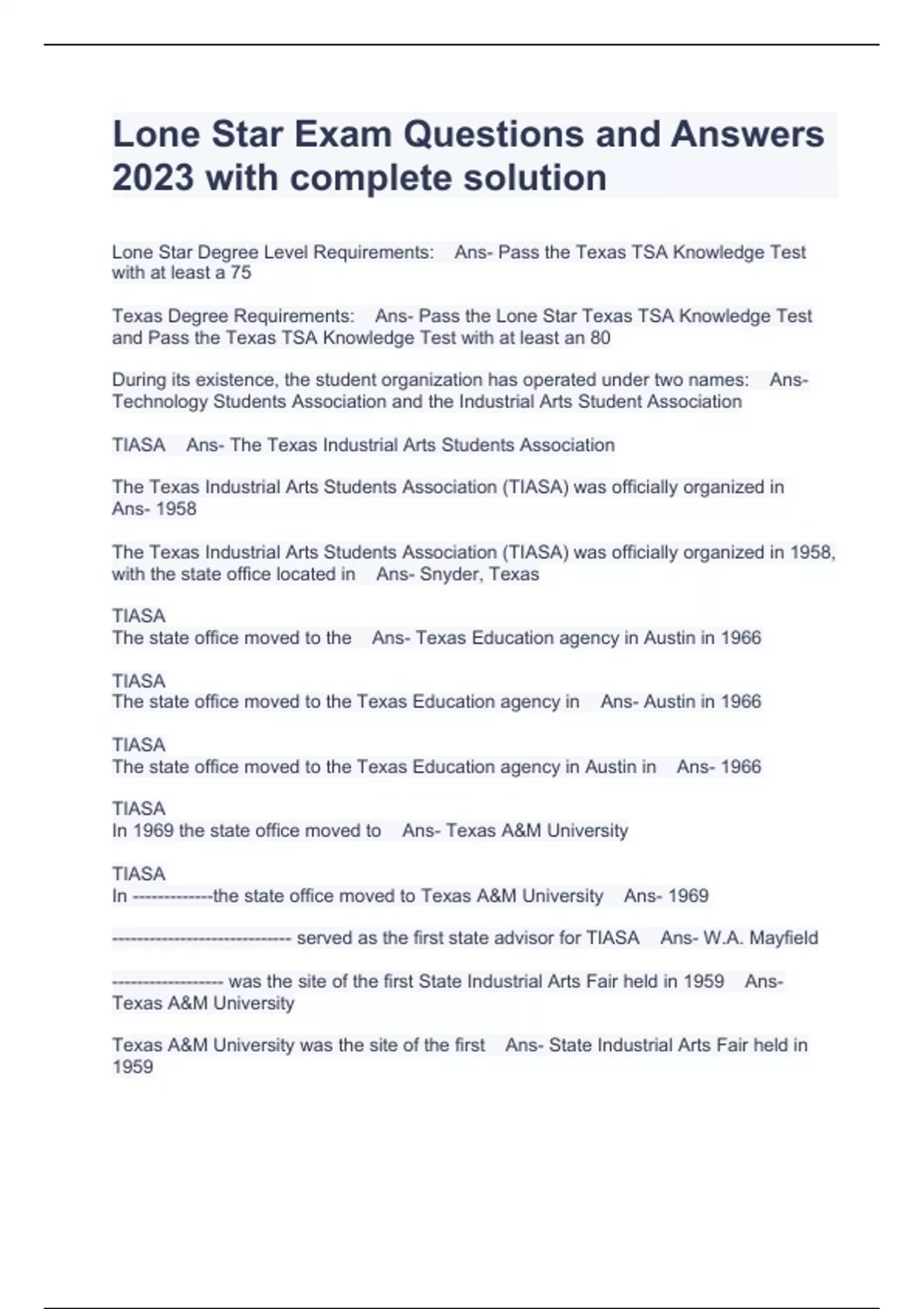 Lone Star Exam Questions and Answers 2023 with complete solution Lone