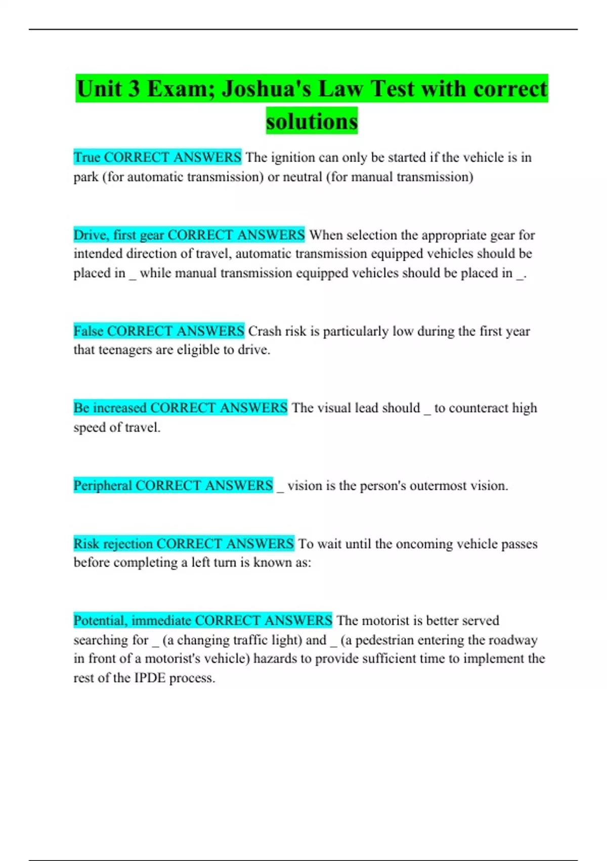 Unit 3 Exam; Joshua&rsquo;s Law Test with correct solutions - Joshua's 