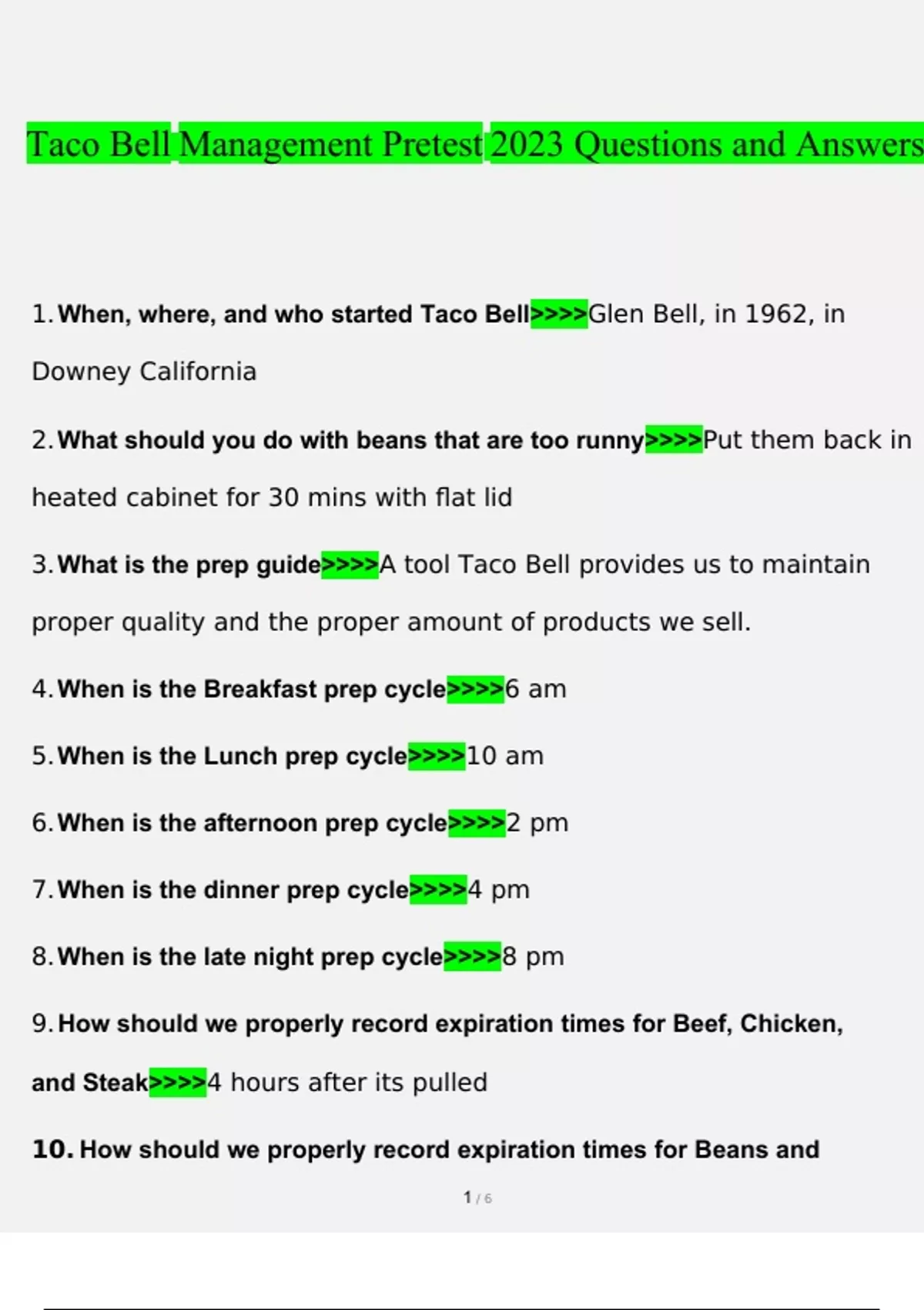 Taco Bell Management Pretest 2023 questions and answers} (2022/2023