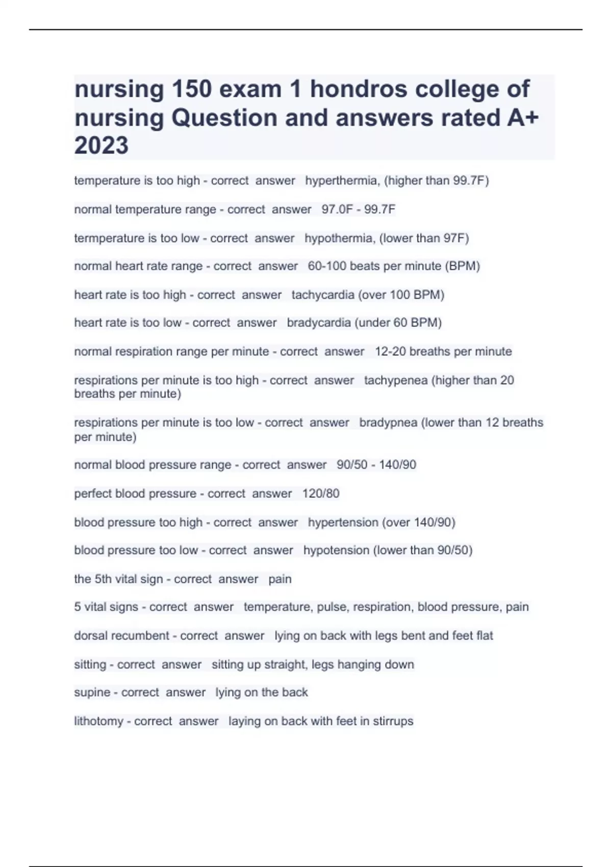 nursing 150 exam 1 hondros college of nursing Question and answers