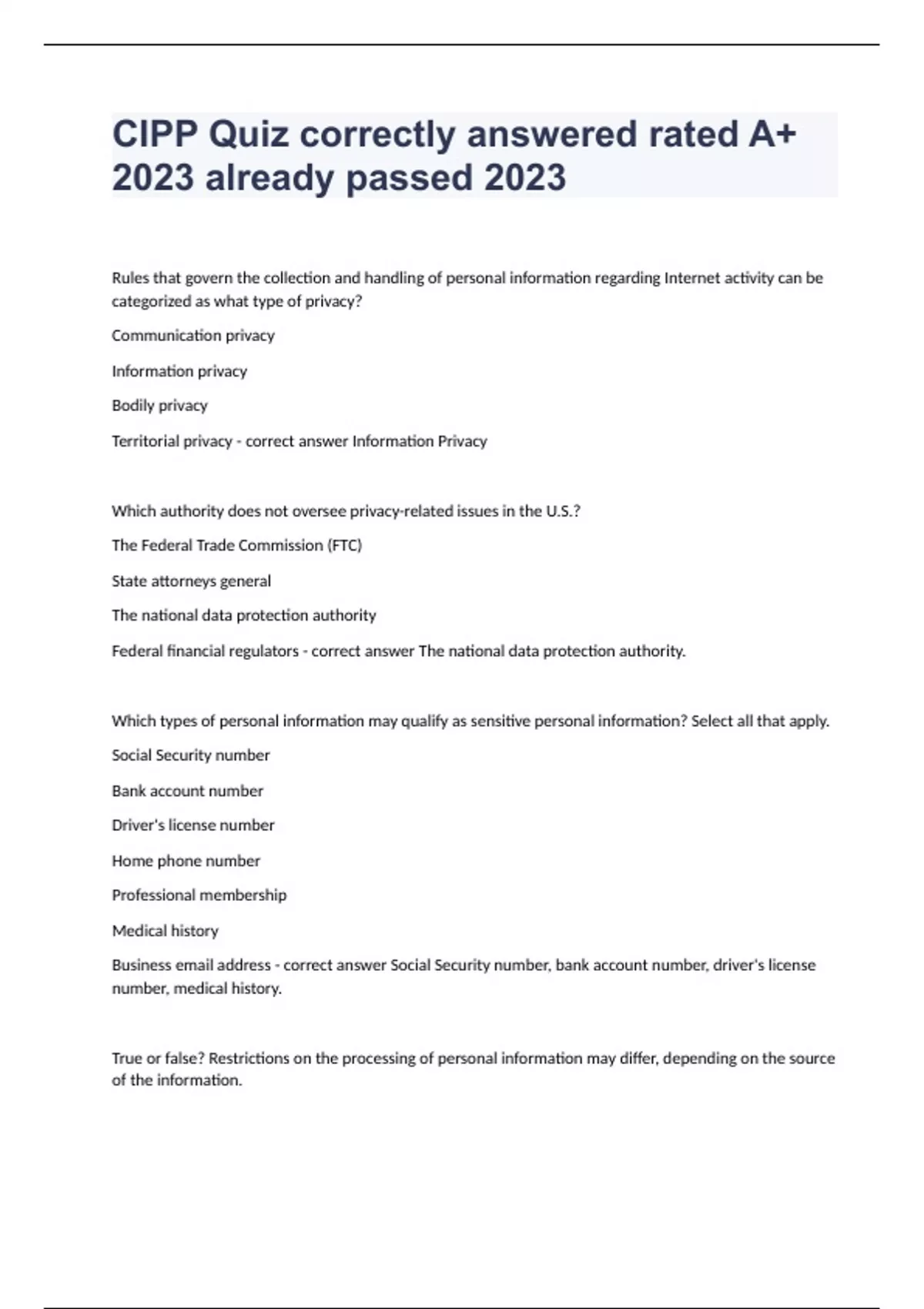 CIPP Quiz correctly answered rated A+ 2023 already passed 2023 - CIPP ...