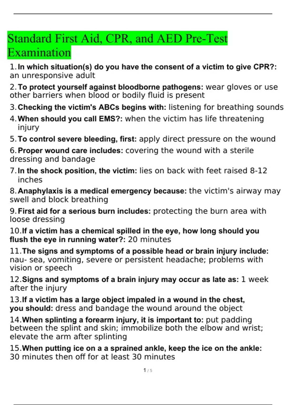 Standard First Aid, CPR, and AED PreTest Examination Questions and Answers Graded A Standard