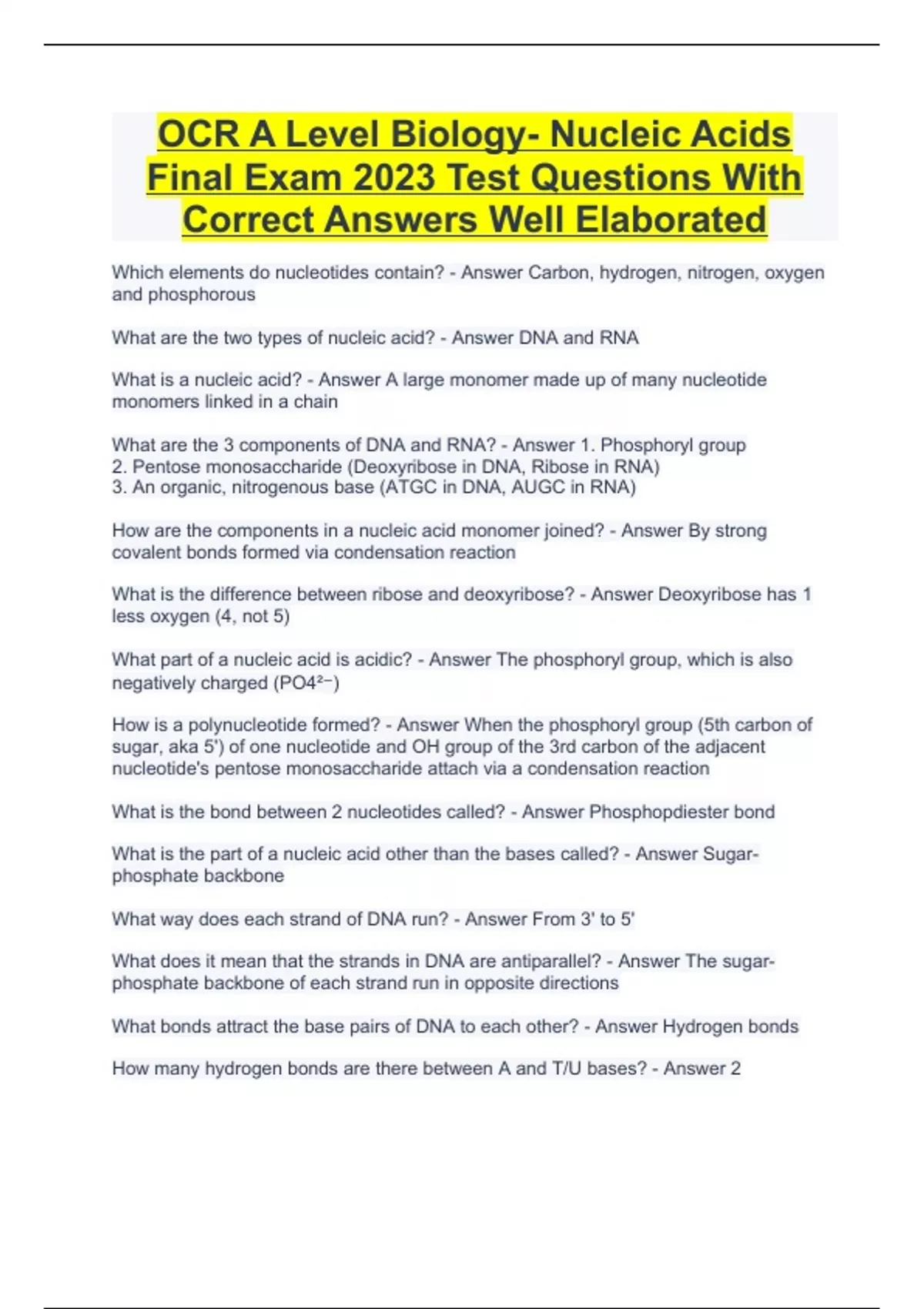 OCR A Level Biology Nucleic Acids Final Exam 2023 Test Questions With