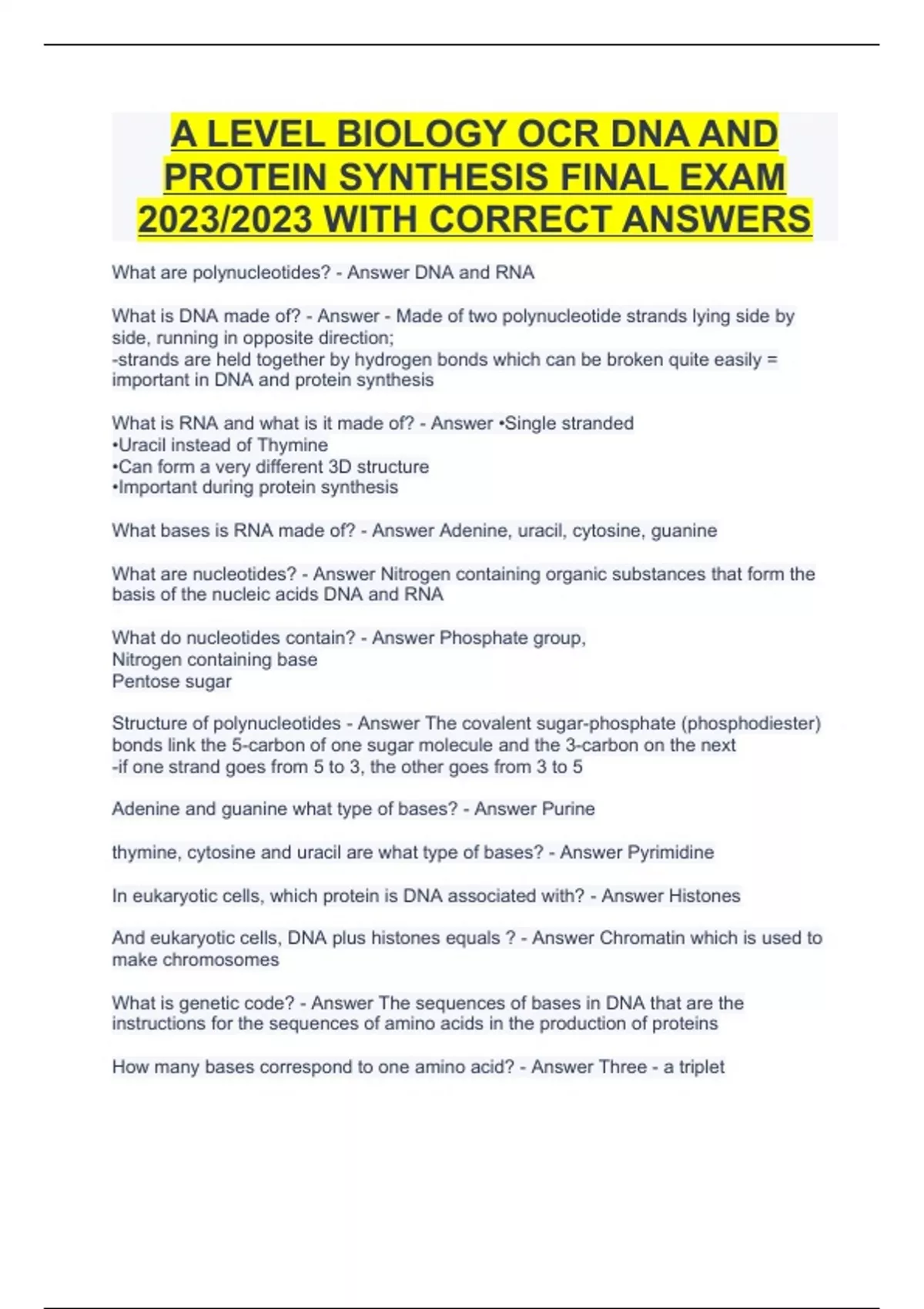 A LEVEL BIOLOGY OCR DNA AND PROTEIN SYNTHESIS FINAL EXAM 2023/2023 WITH