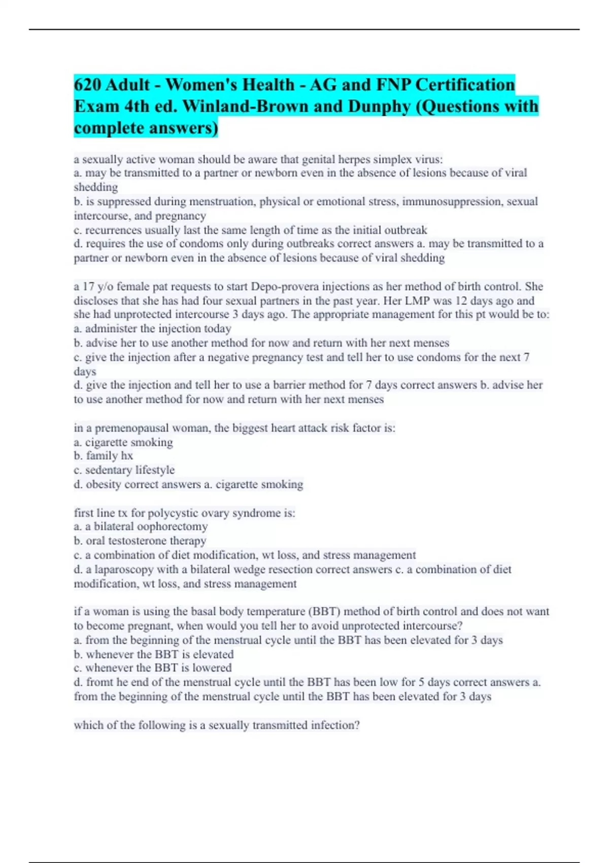 620 Adult Women's Health AG and FNP Certification Exam 4th ed