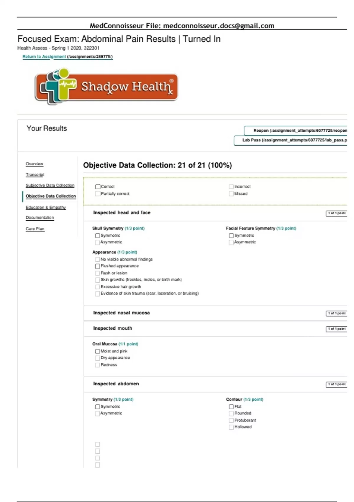 Esther Parks Abdominal Pain Objective Data Shadow Health Complete