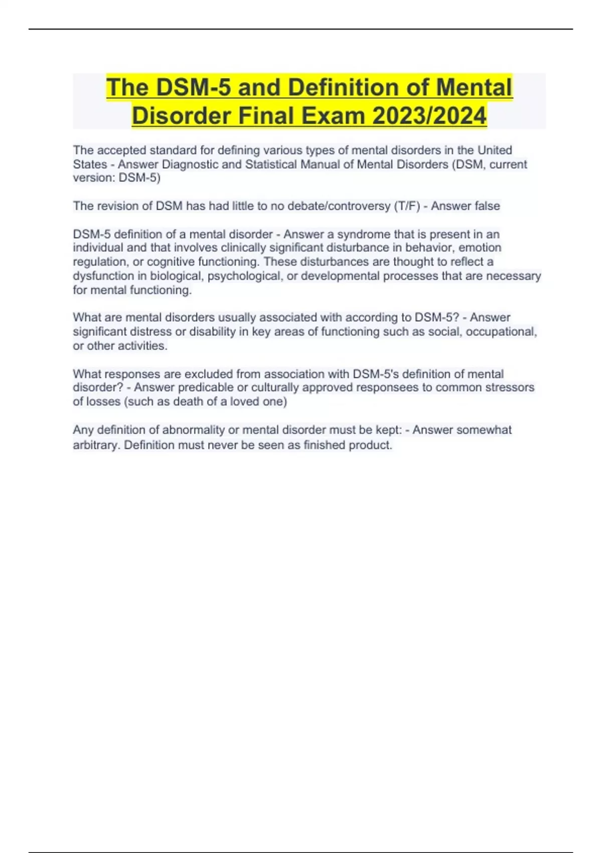 The DSM5 and Definition of Mental Disorder Final Exam 2023/2024 DSM