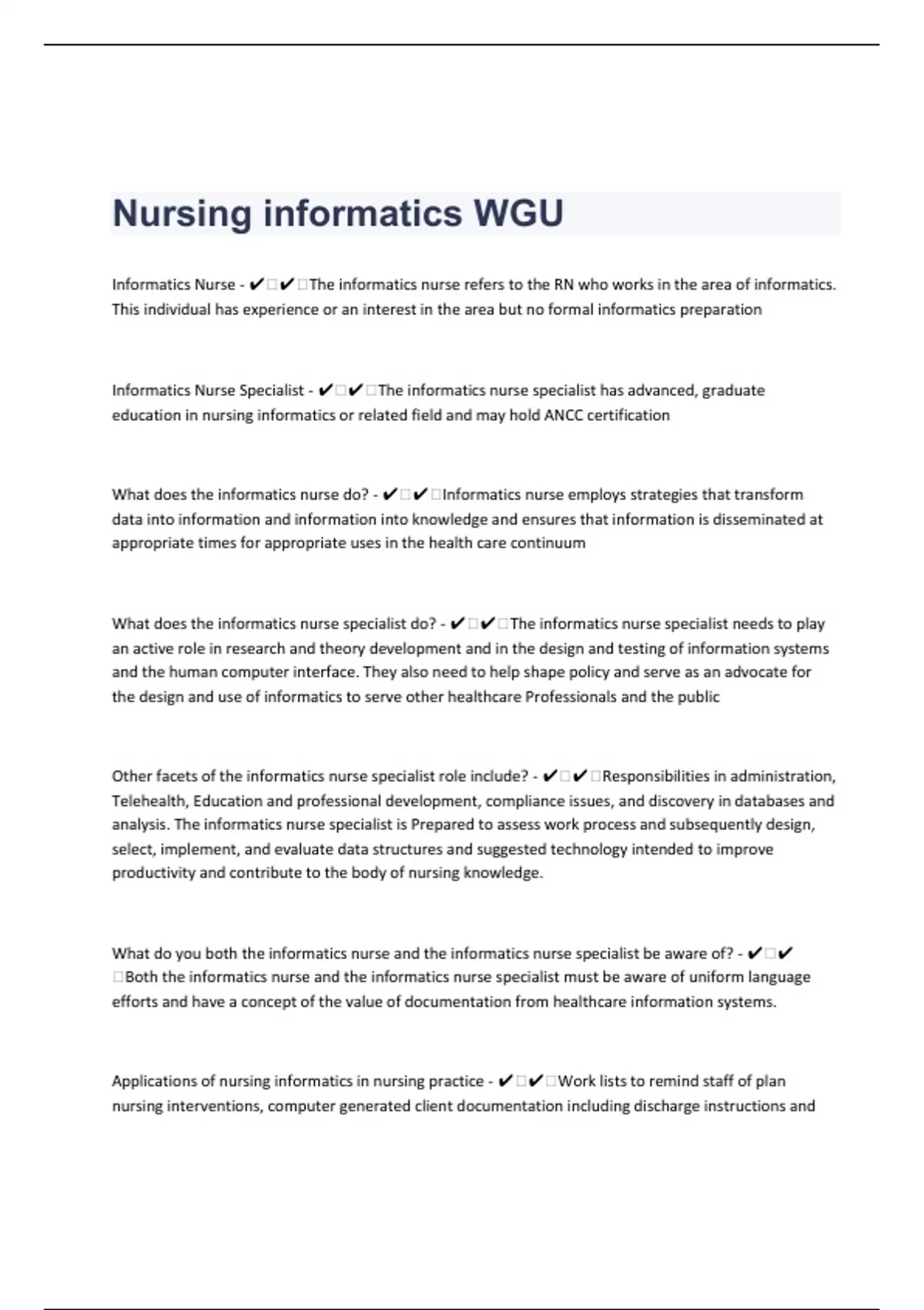 Nursing informatics WGU Questions With Complete Answers - WGU D220 ...