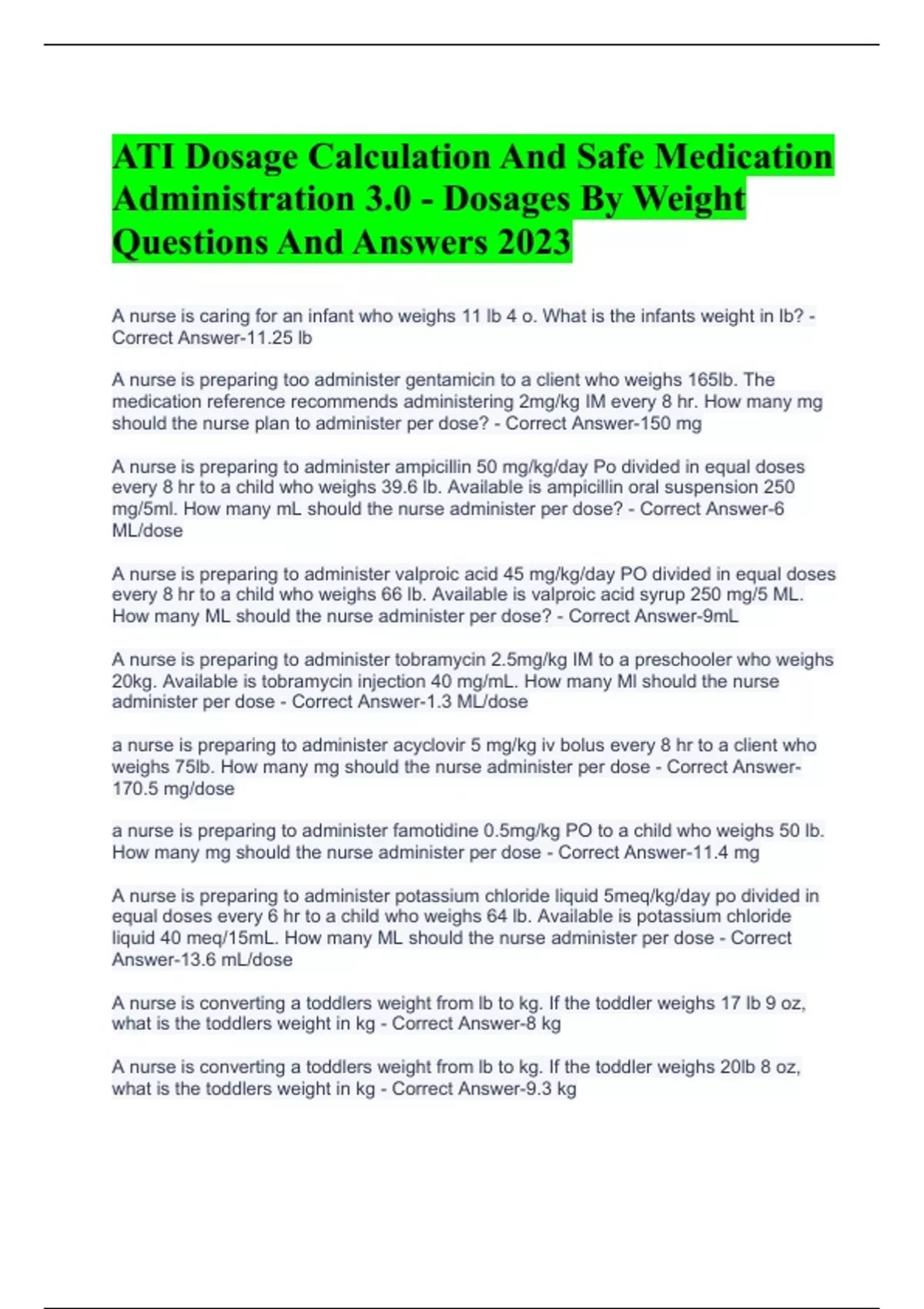 ATI Dosage Calculation And Safe Medication Administration 3.0 - Dosages