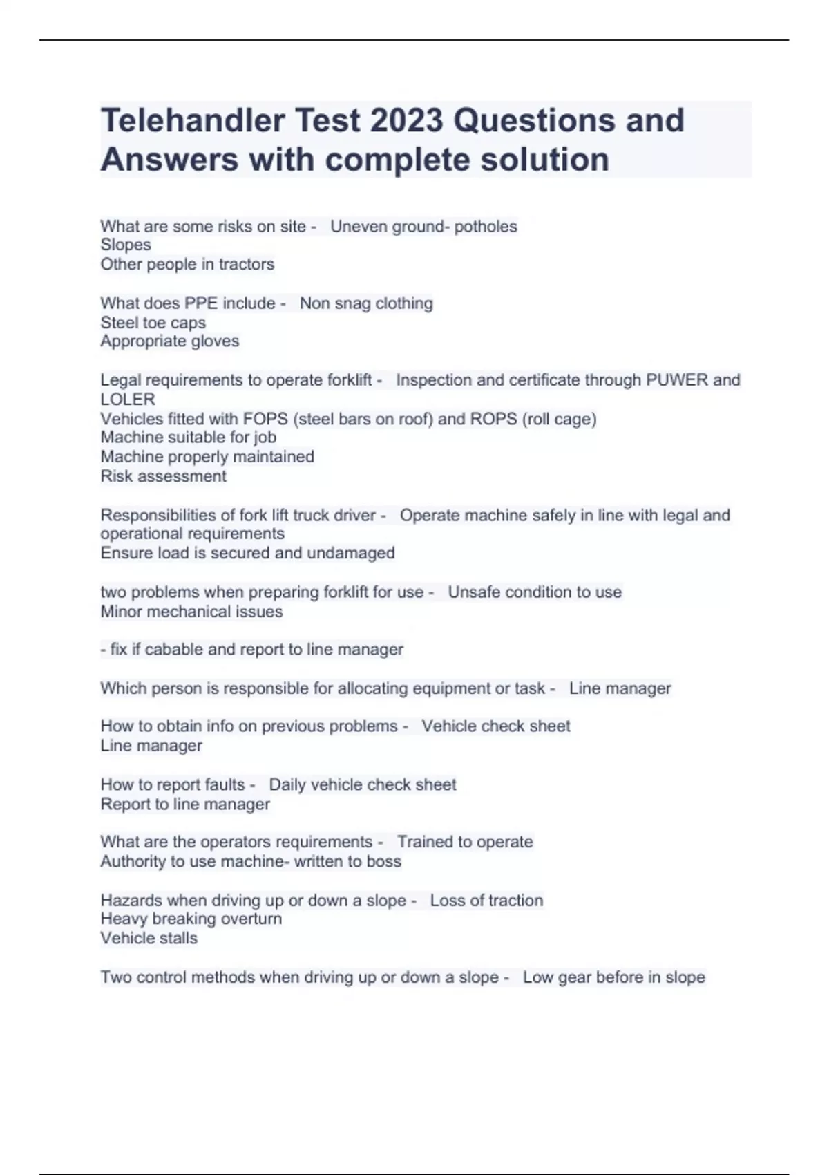 Telehandler Test 2023 Questions and Answers with complete solution Telehandler Stuvia US Telehandler Test 2023 Questions and Answers with complete solution Telehandler Stuvia US